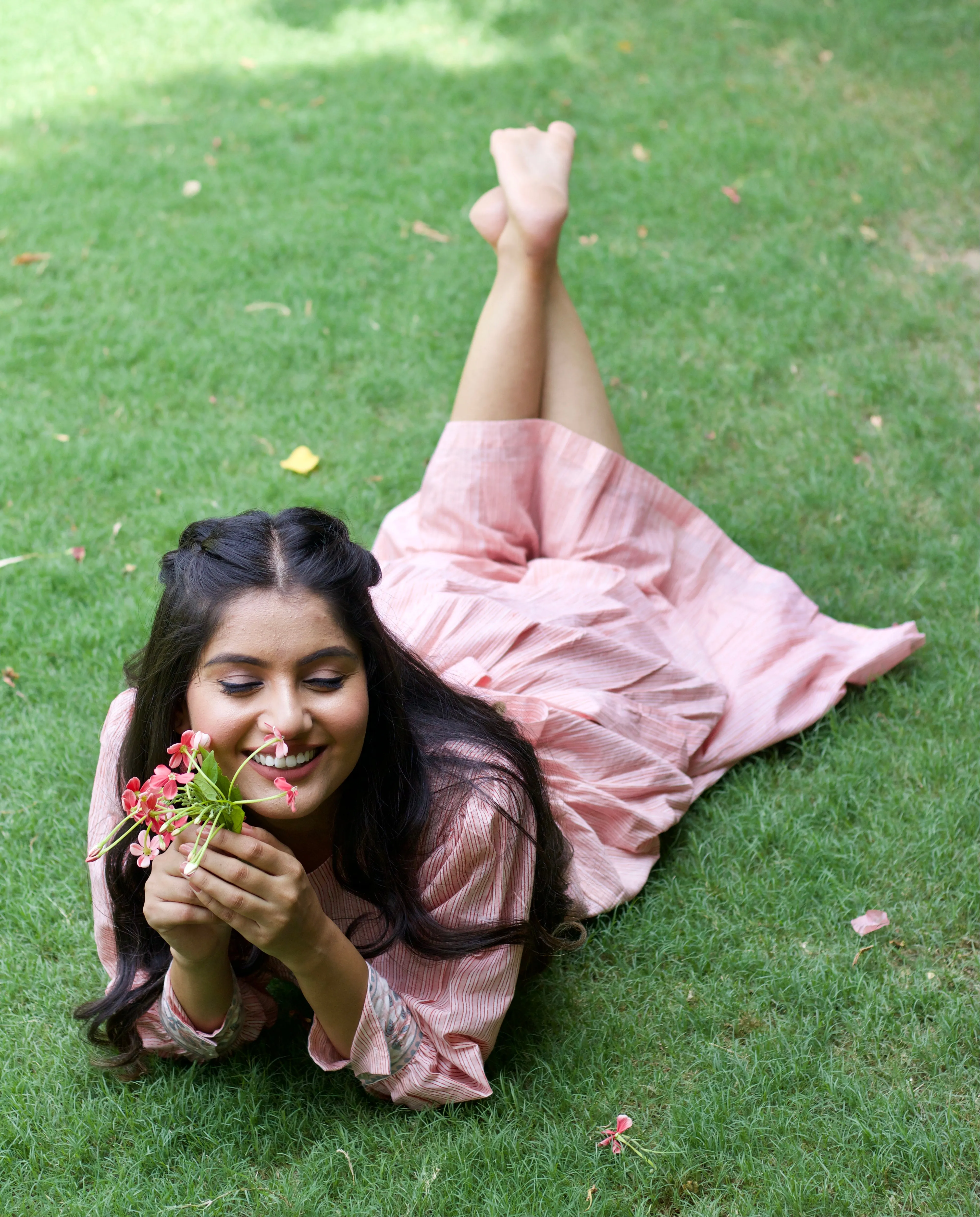 Pink 'Panache' Hand Block Printed Cotton Striped Dress