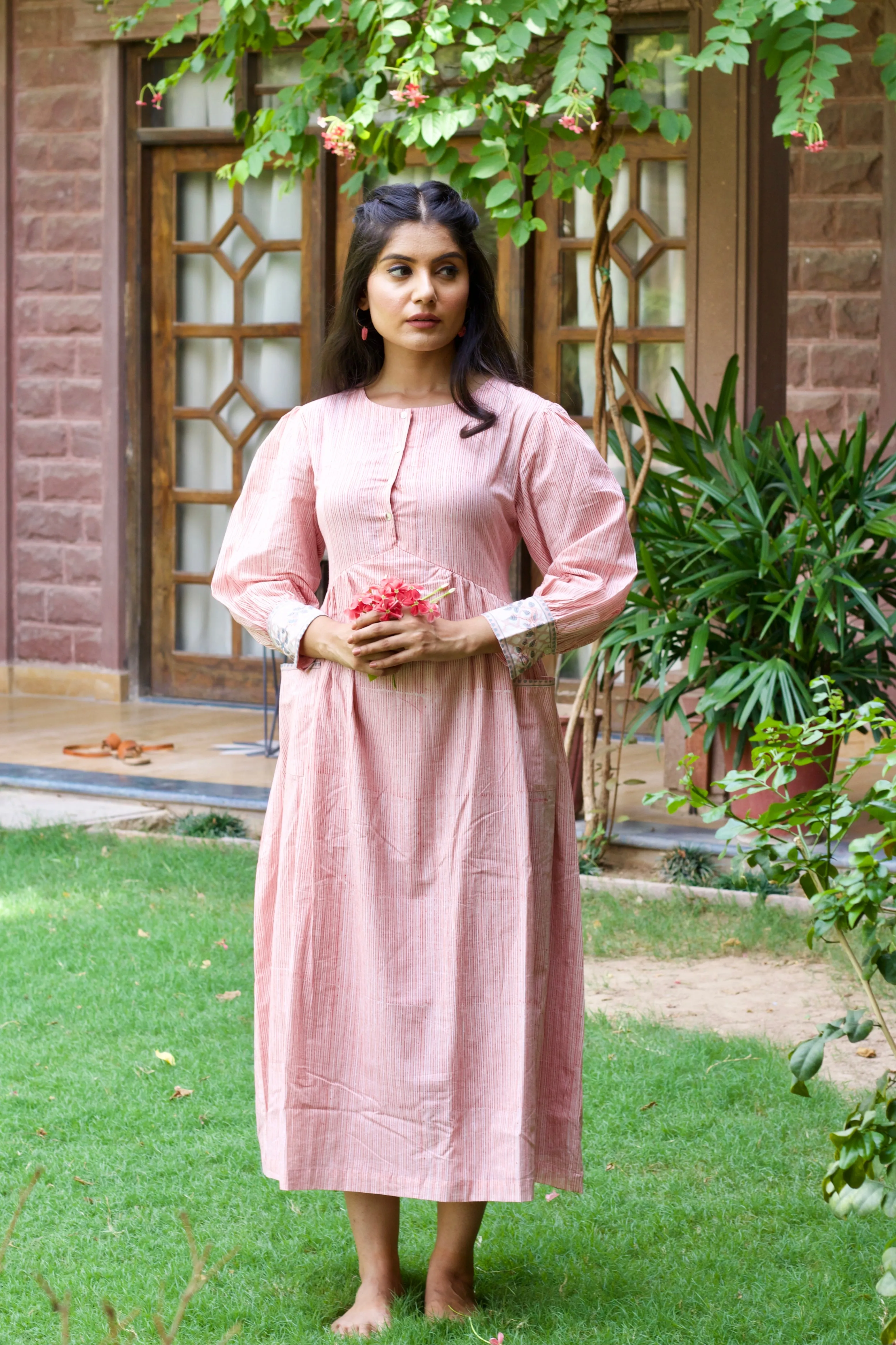 Pink 'Panache' Hand Block Printed Cotton Striped Dress