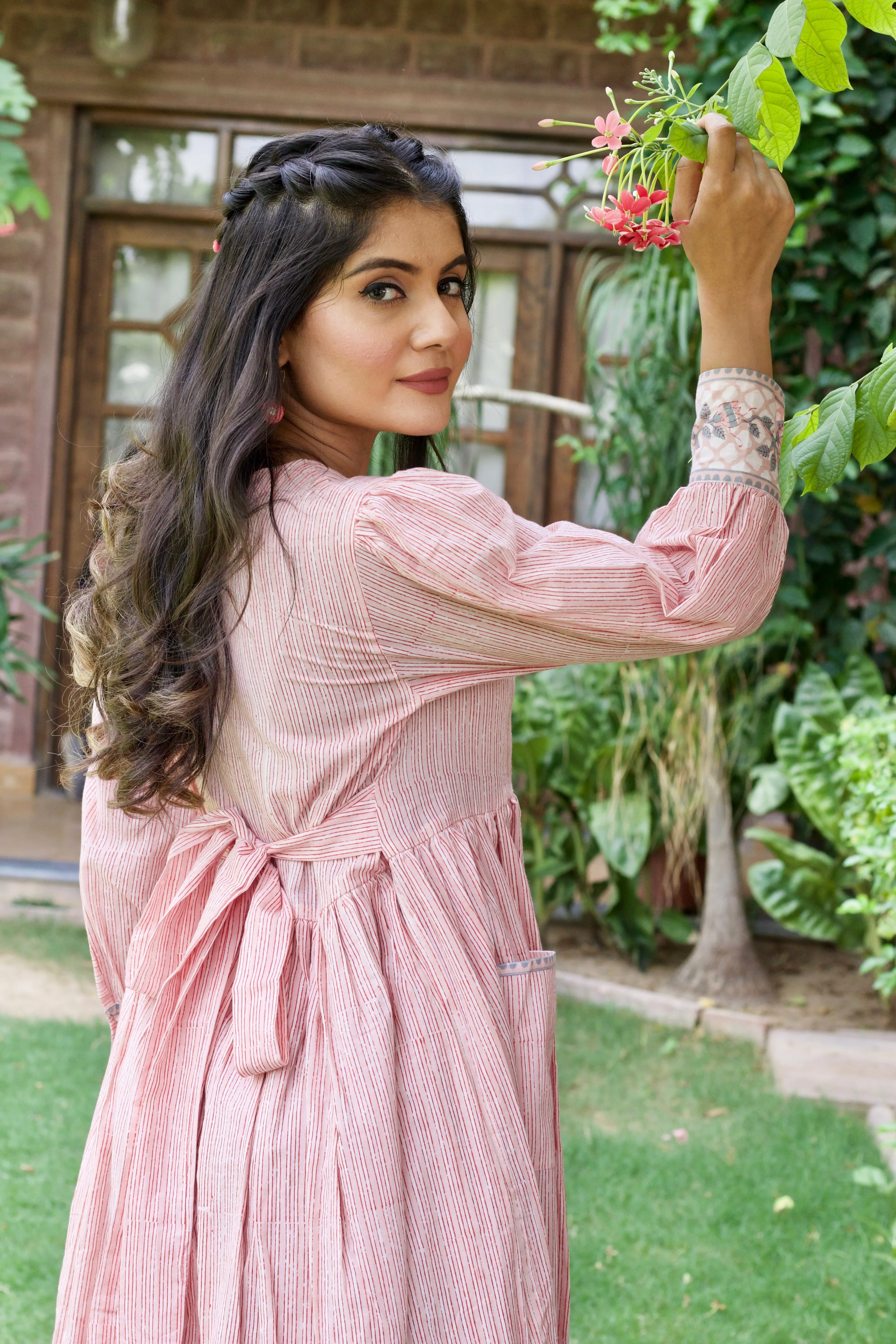 Pink 'Panache' Hand Block Printed Cotton Striped Dress