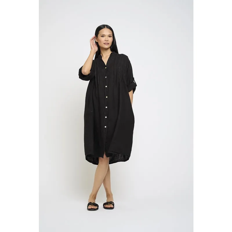 Pistache Linen Blouse Dress w/ Sewn Pleats
