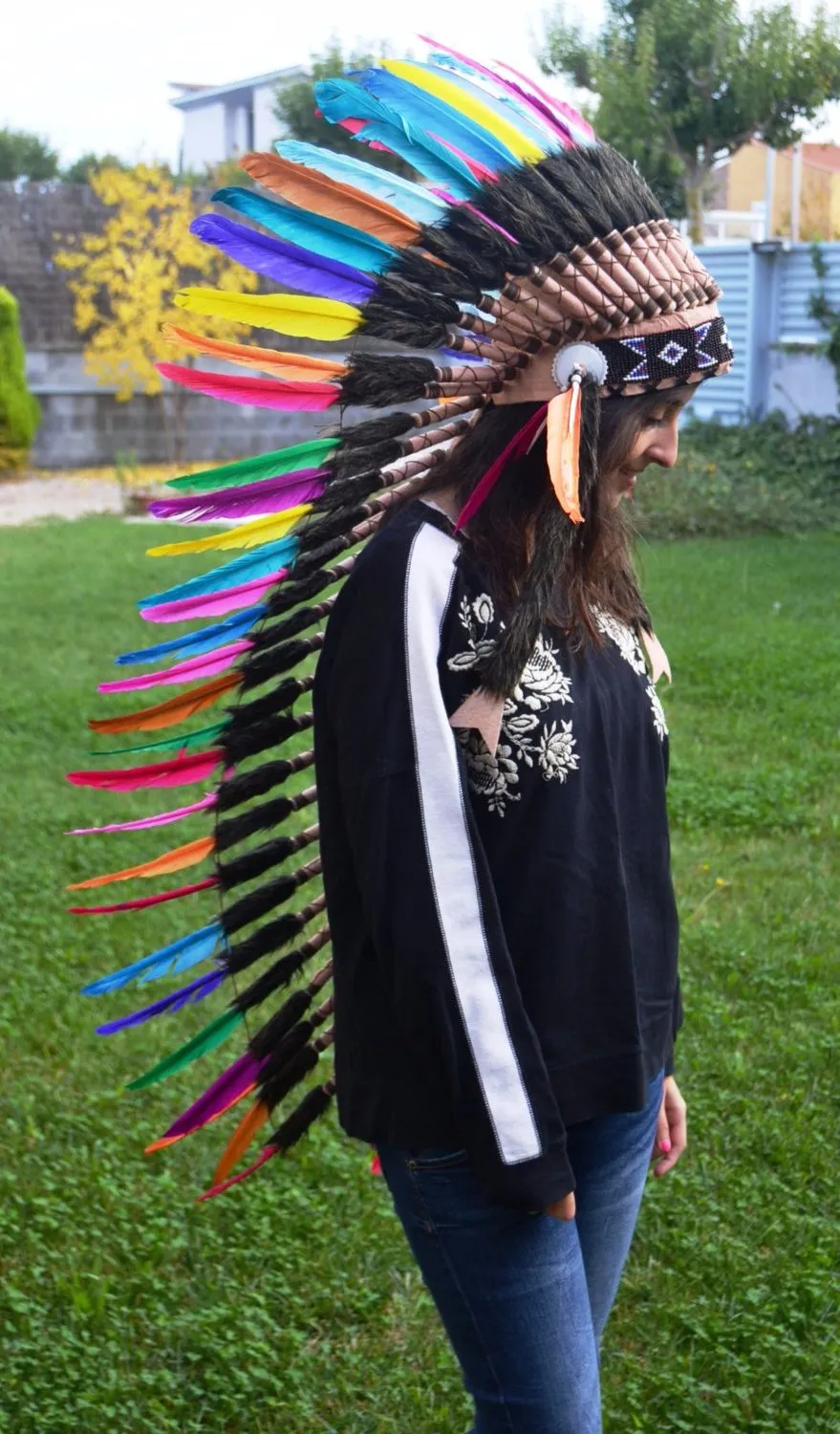 PRICE REDUCED E38-Extra Large colorful Feather Headdress (43 inch long )