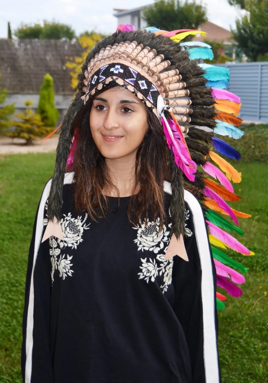 PRICE REDUCED E38-Extra Large colorful Feather Headdress (43 inch long )