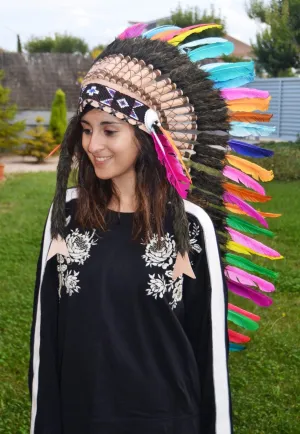 PRICE REDUCED E38-Extra Large colorful Feather Headdress (43 inch long )