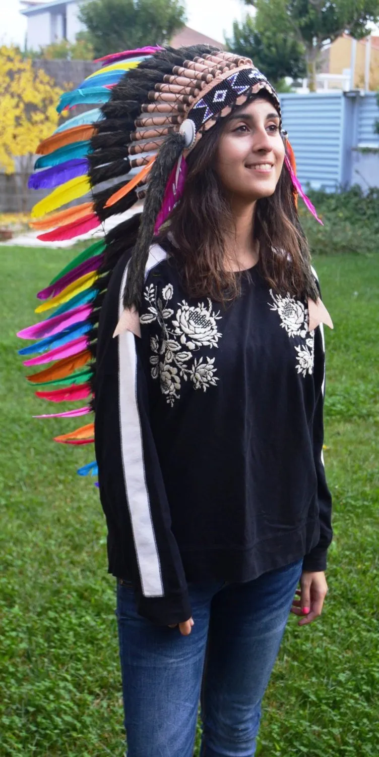 PRICE REDUCED E38-Extra Large colorful Feather Headdress (43 inch long )