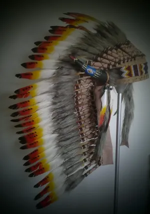PRICE REDUCED Medium Indian Feather headdress three colors , Feather Headdress with horns ( 36inch long)
