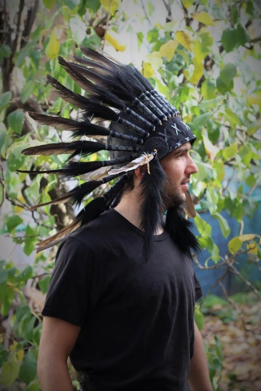 PRICE REDUCED N64- Black Feather Headdress. Native American Inspired