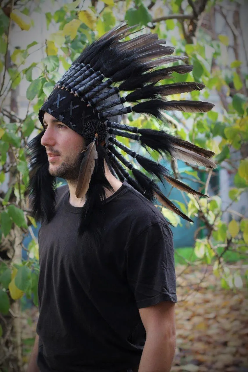 PRICE REDUCED N64- Black Feather Headdress. Native American Inspired