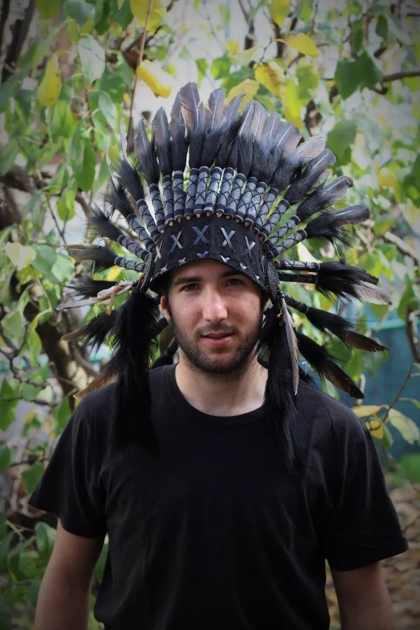 PRICE REDUCED N64- Black Feather Headdress. Native American Inspired