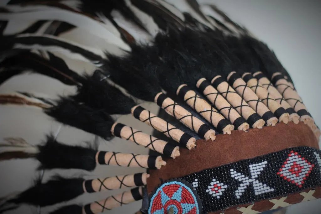 PRICE REDUCED X01 Indian Style White and black Feather Headdress / Warbonnet