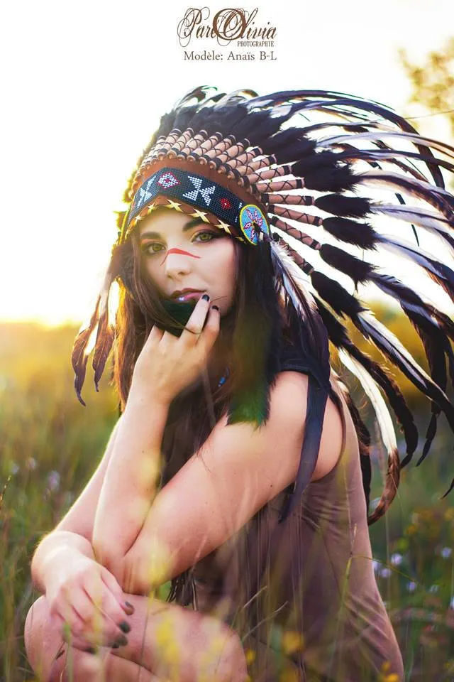 PRICE REDUCED X01 Indian Style White and black Feather Headdress / Warbonnet