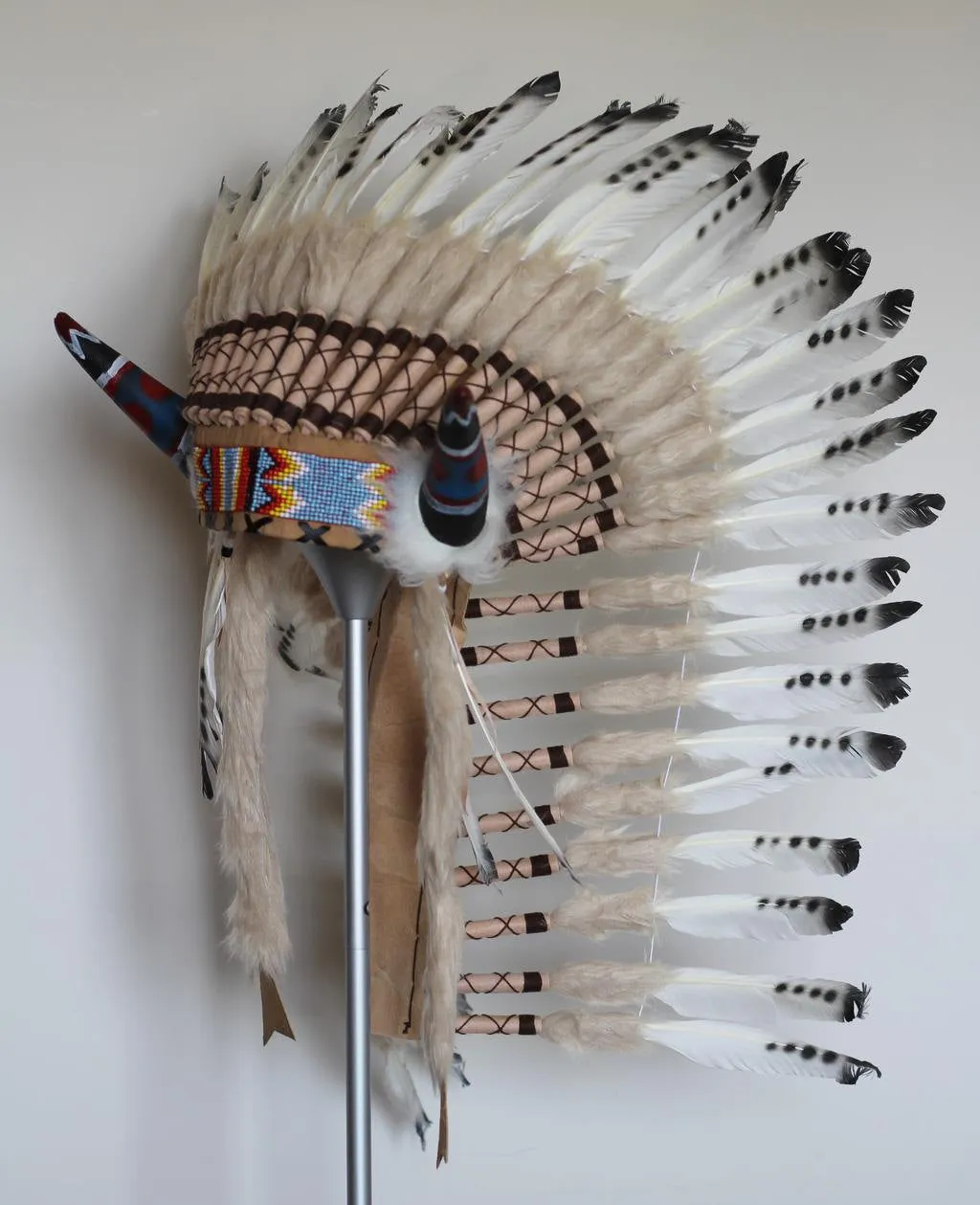 PRICE REDUCED Y29 Medium black and white Feather Headdress with horns ( 36inch long)
