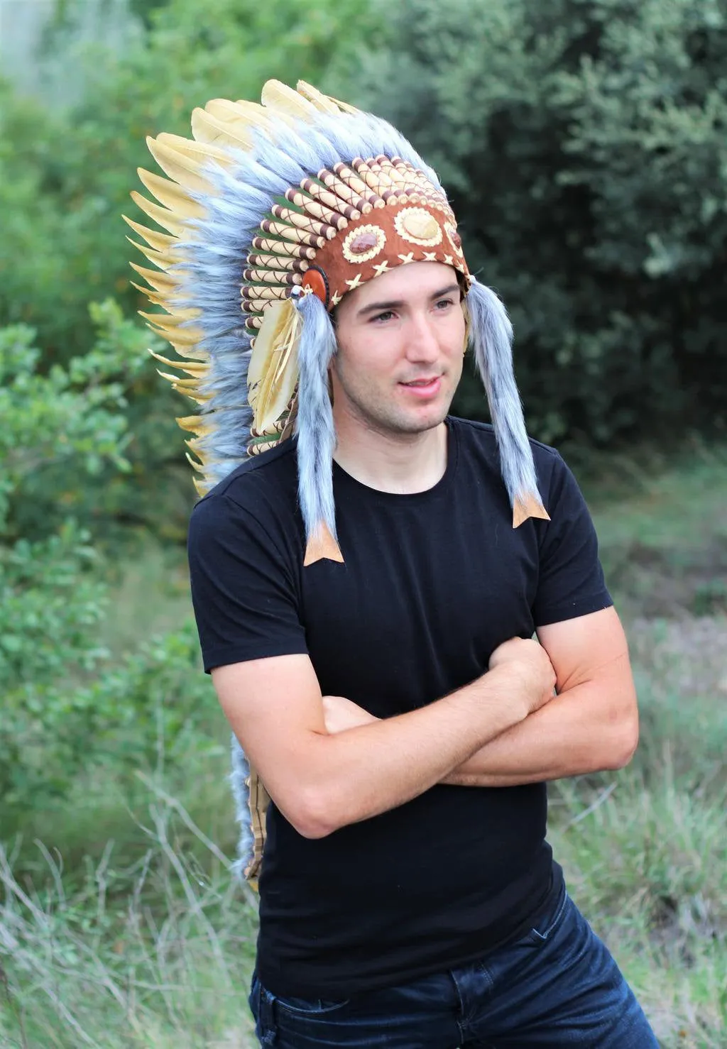 PRICE REDUCED Z03 Extra Large Light Brown Feather Headdress (43 inch long )