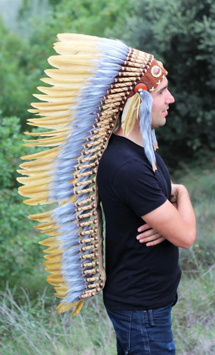 PRICE REDUCED Z03 Extra Large Light Brown Feather Headdress (43 inch long )