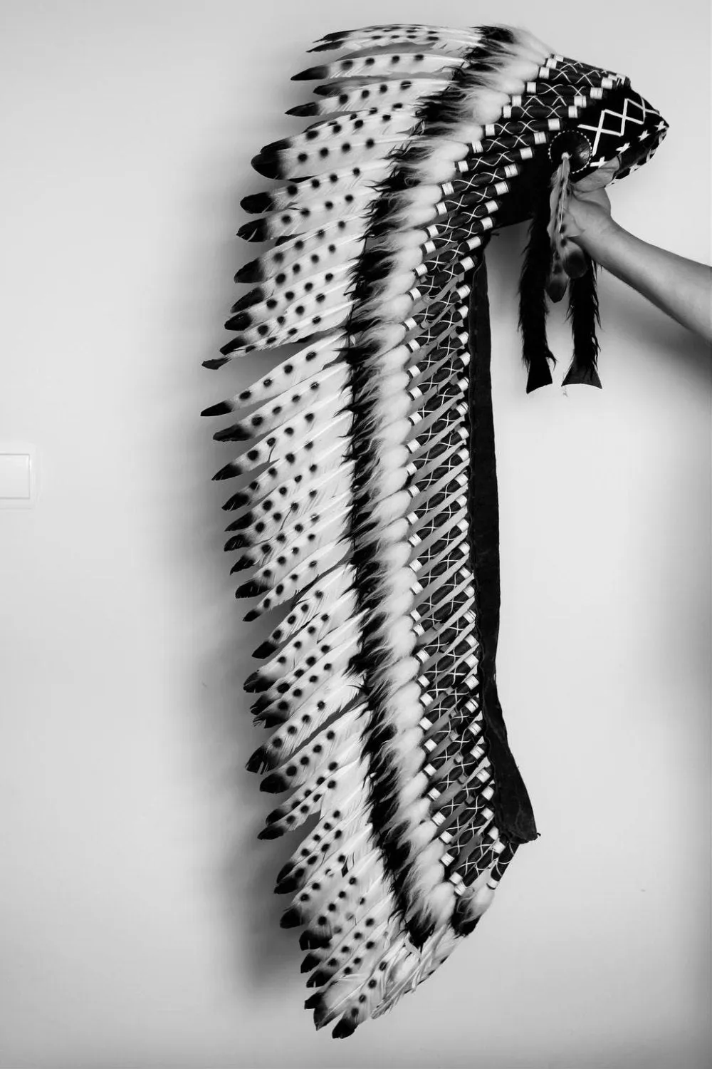 PRICE REDUCED Z04 Extra Large Black and white Feather Headdress (43 inch long ). Native American Style. Warbonnet