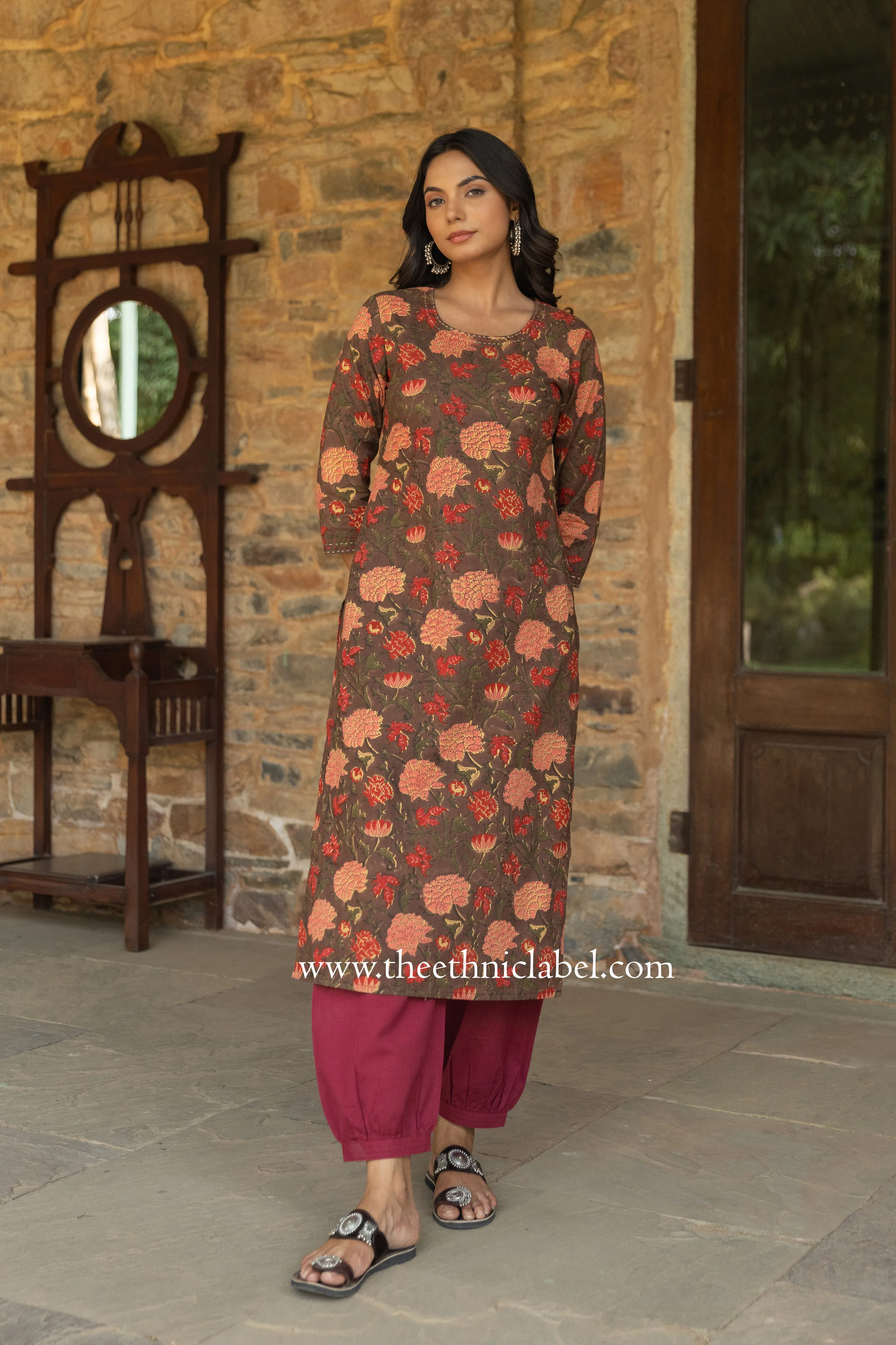 "Damini" Hand Block Printed Kantha Cotton kurta