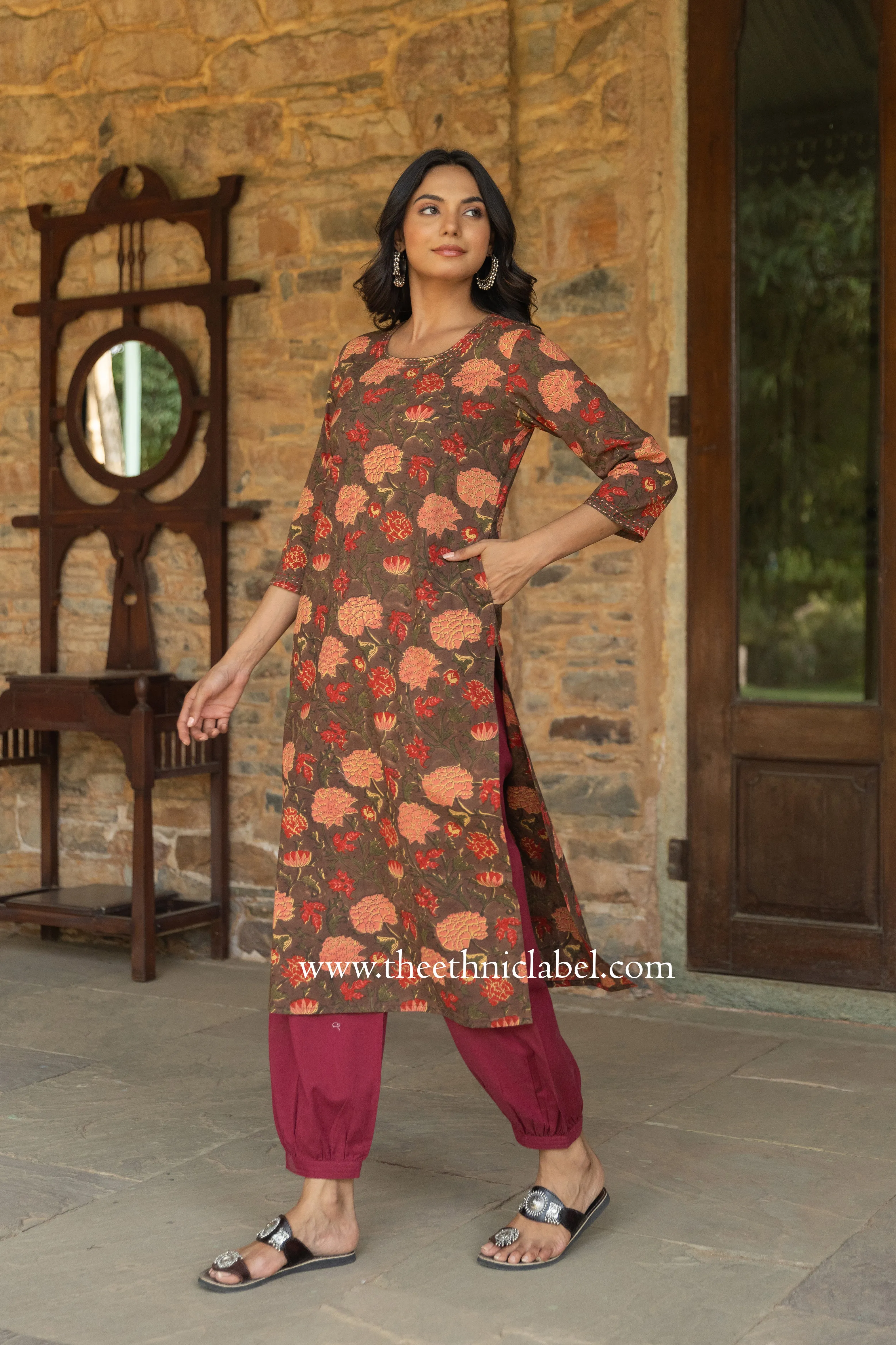 "Damini" Hand Block Printed Kantha Cotton kurta