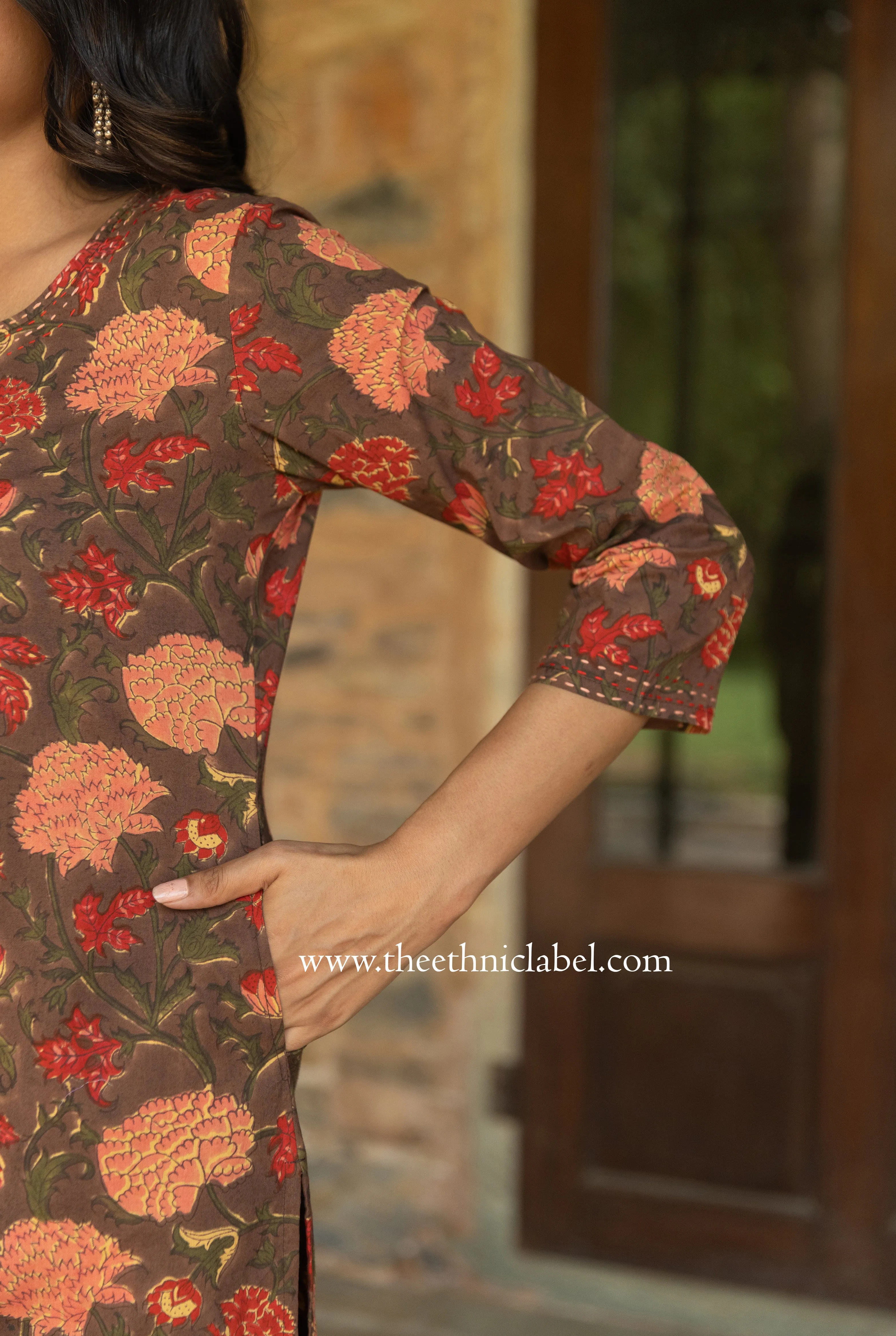 "Damini" Hand Block Printed Kantha Cotton kurta