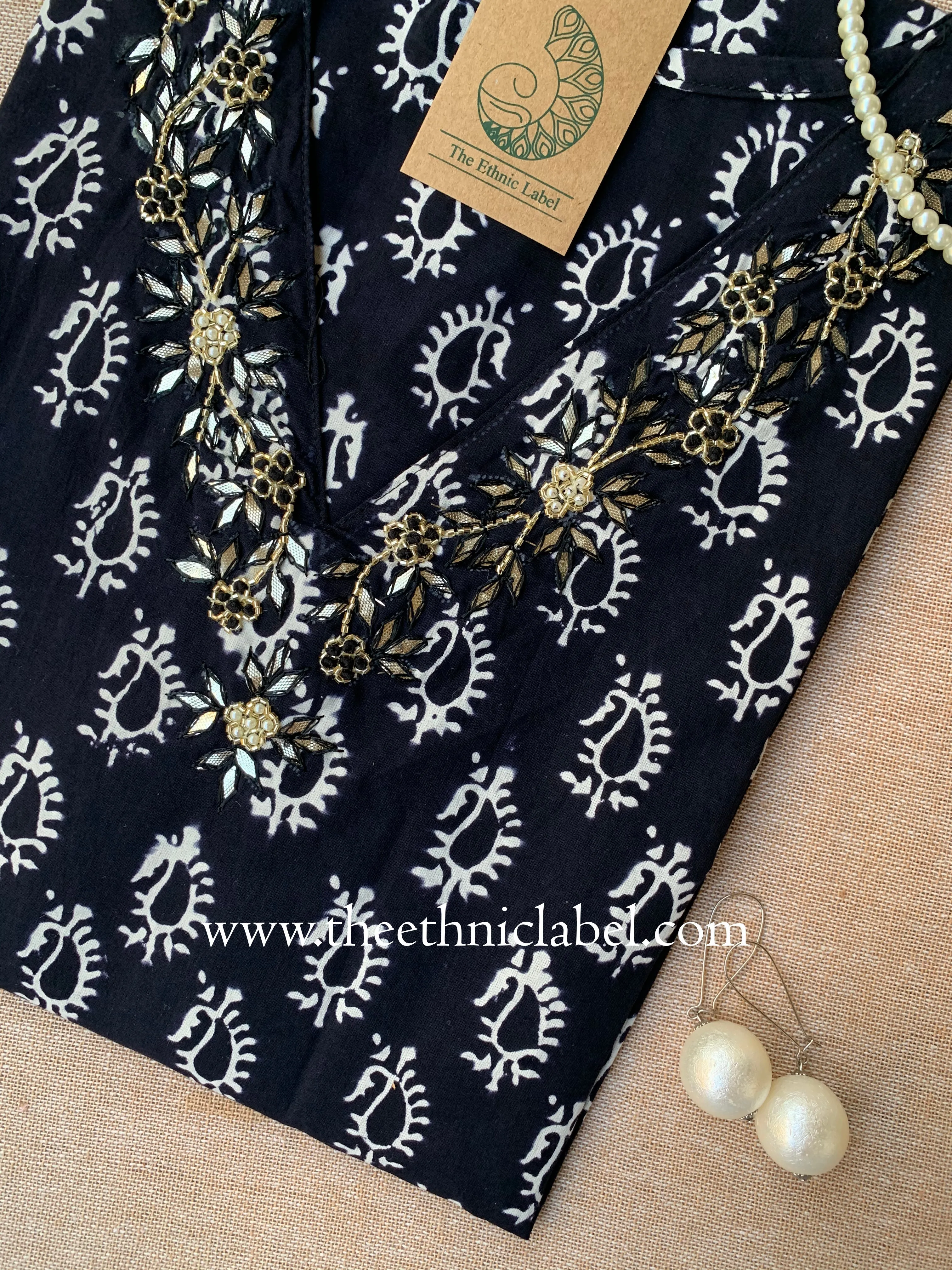 "Fara" Hand Embroidered Block Printed Cotton kurta
