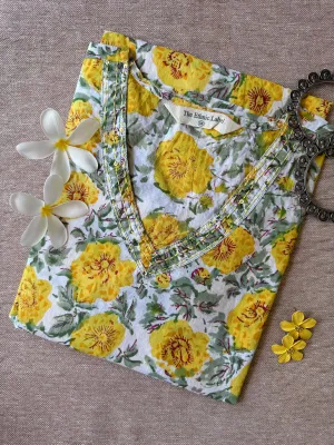 "Marigold" Yellow Hand Block Printed Cotton kurta-M