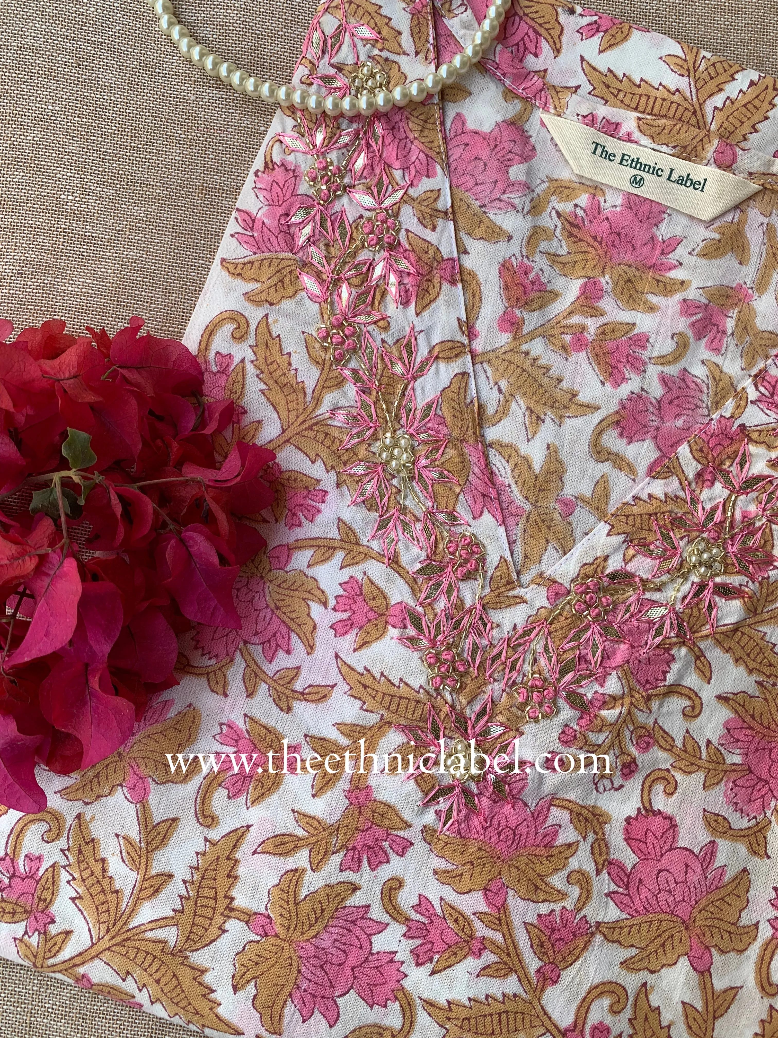 "Narayani" Hand Embroidered Block Printed Cotton kurta