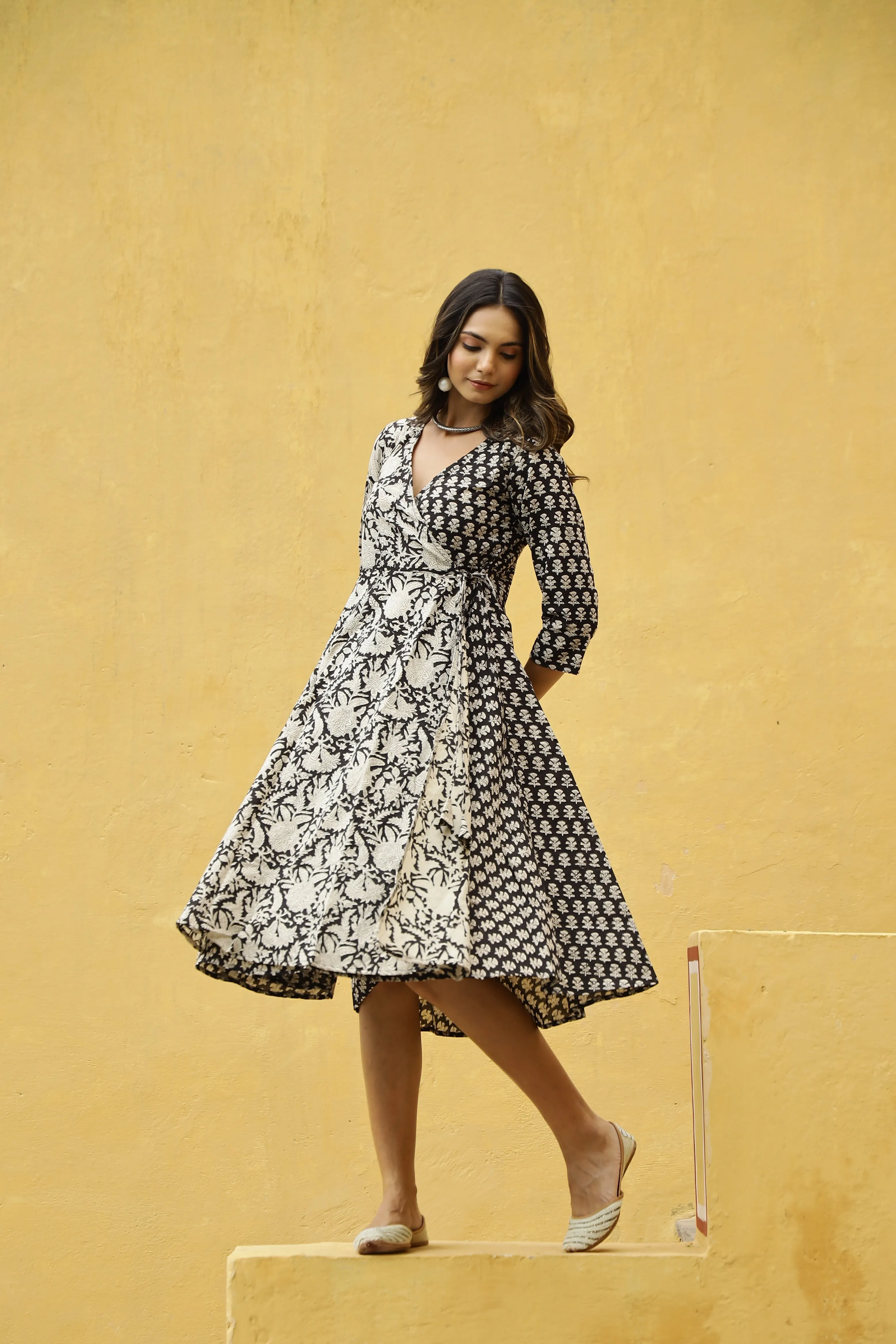 "Nida" Hand Block Printed Angrakha Cotton Dress