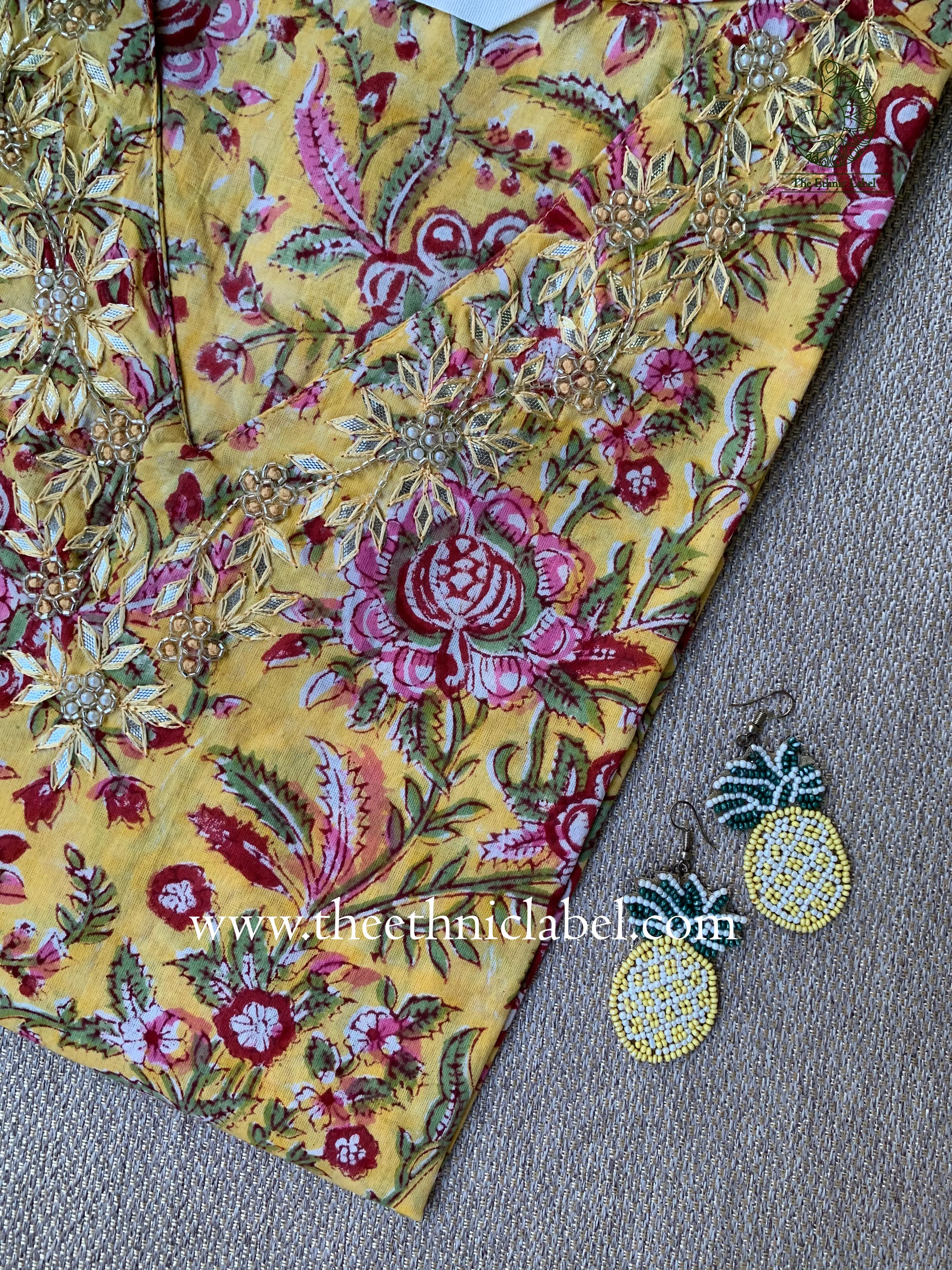 "Nisha" Hand Embroidered Block Printed Cotton kurta