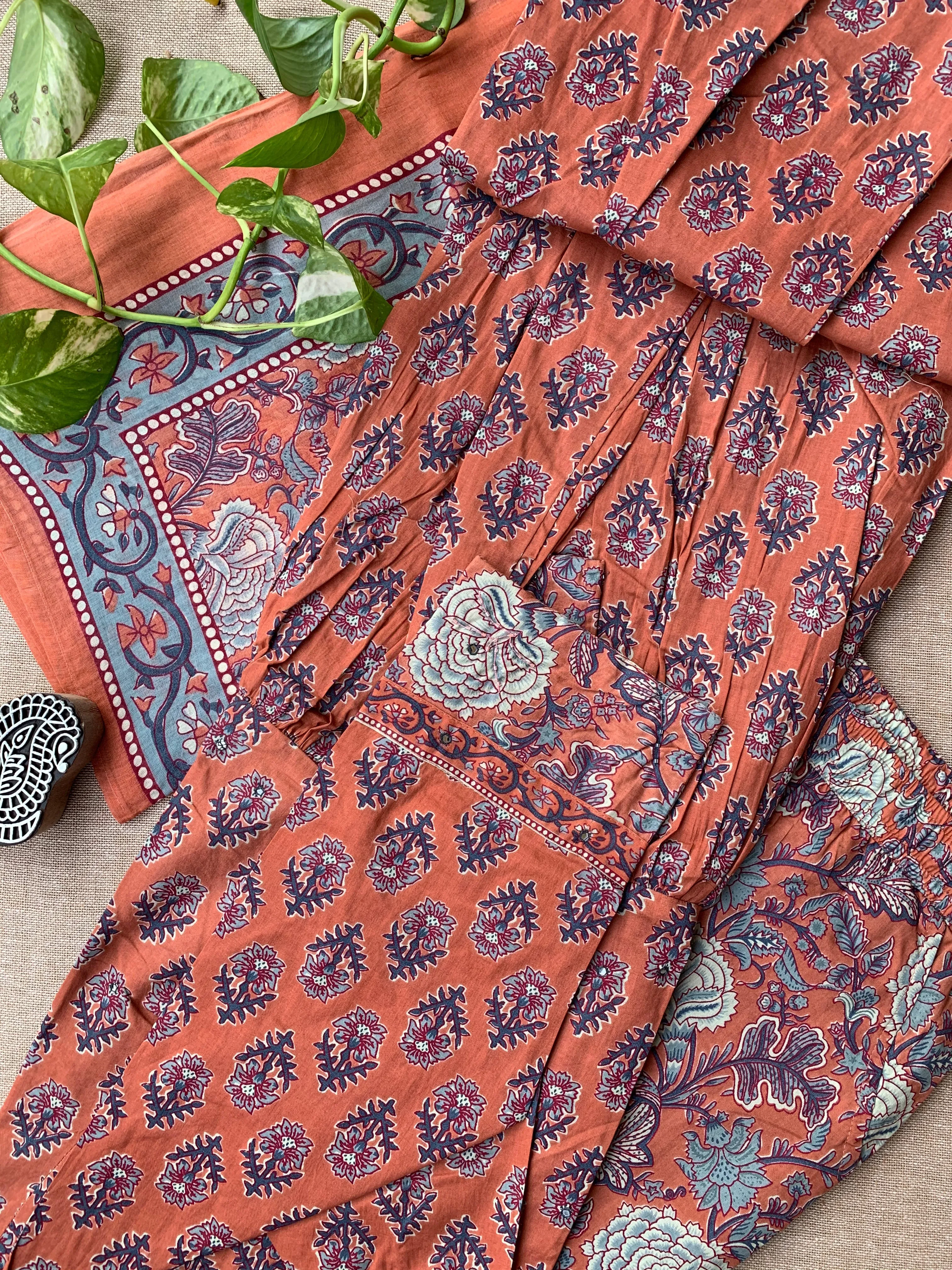 "Nithya" Hand Block Printed Cotton Kurta Set(3pc)
