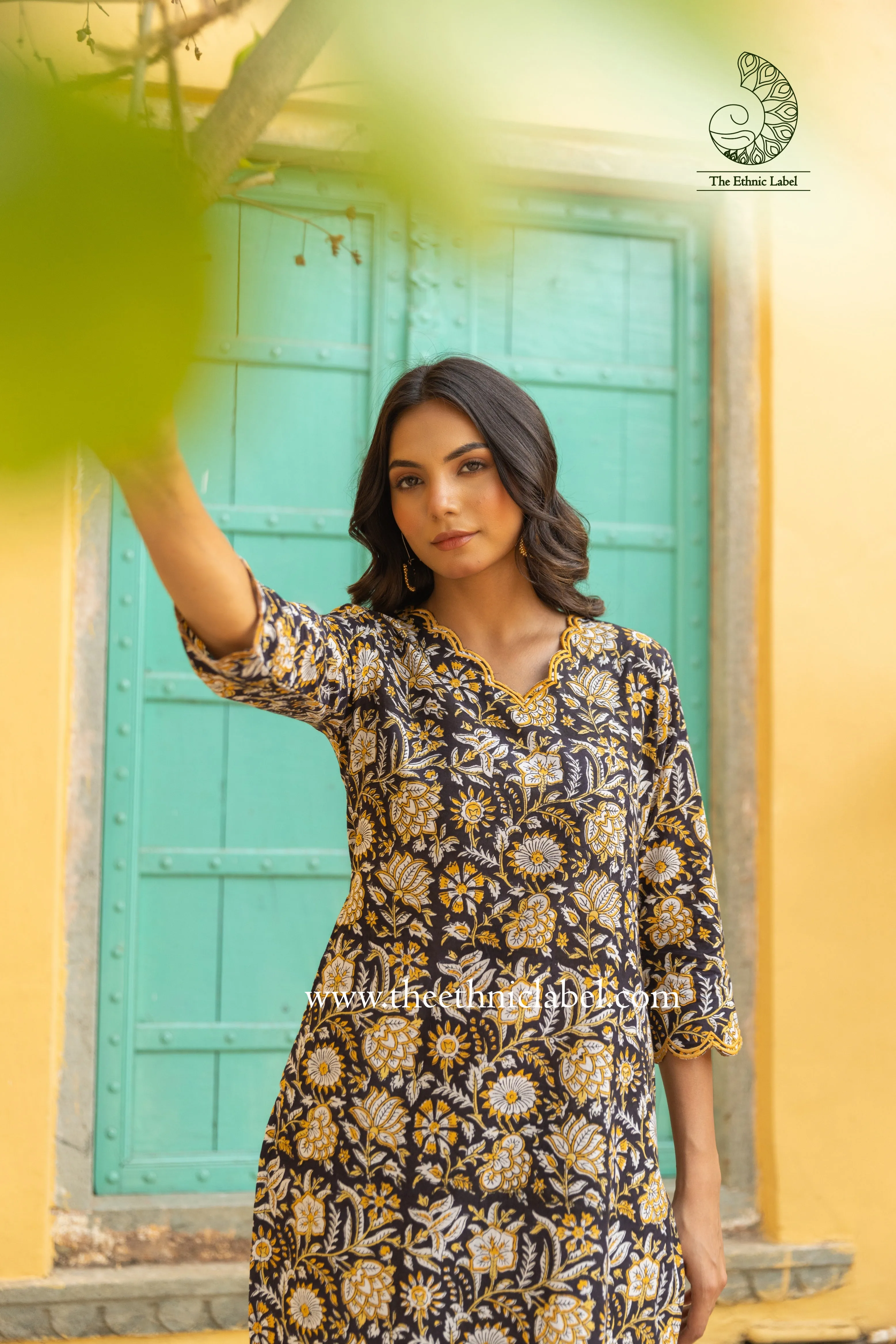 "Raahini" Hand Block Printed Scalloped Cotton kurta
