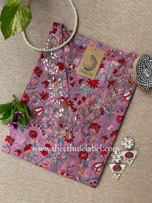 "Rachita" Hand Embroidered Block Printed Cotton kurta - S