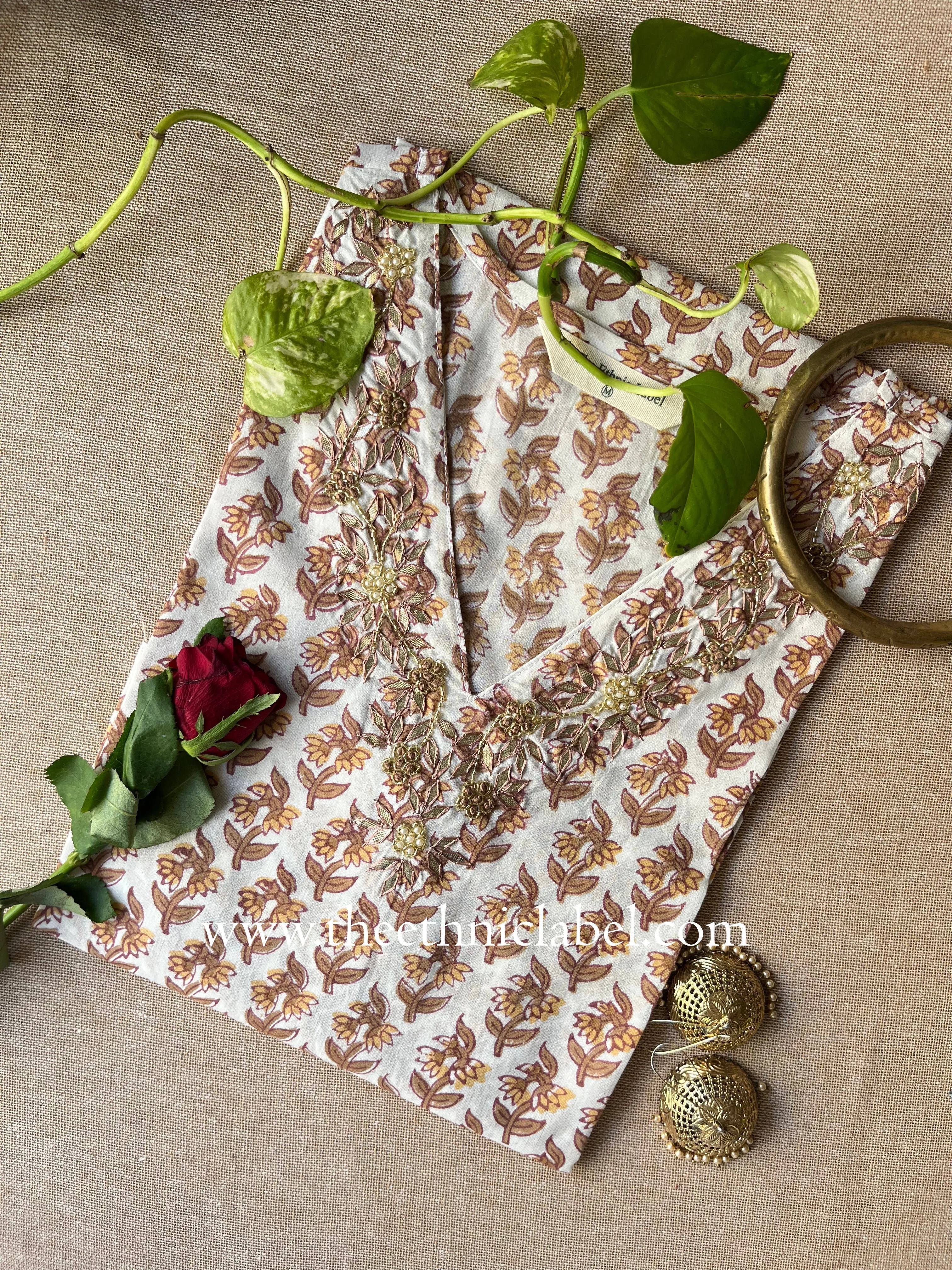 "Saheli" Hand Embroidered Block Printed Cotton kurta