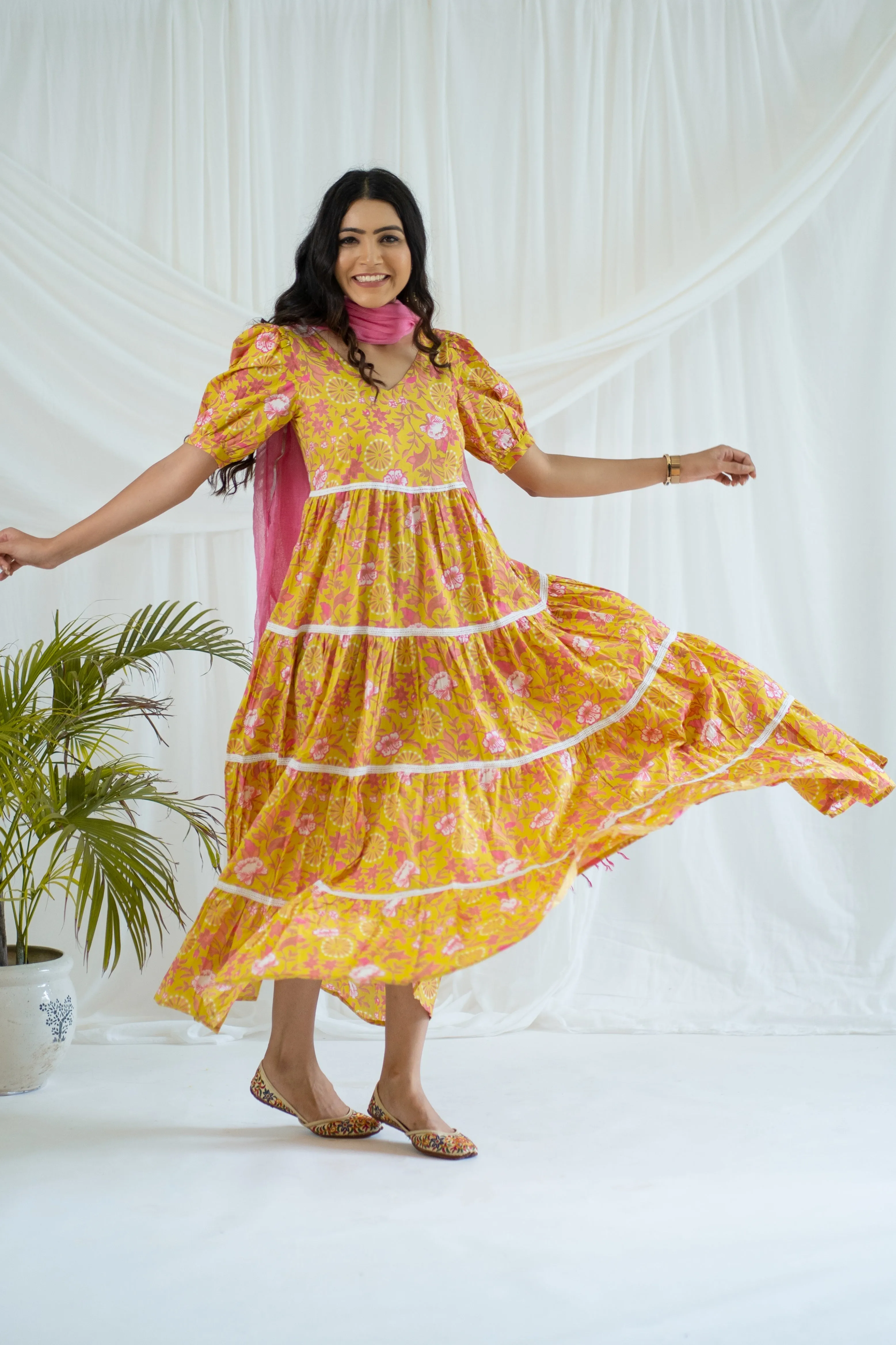 "Sunshine" Flora Hand Block Printed Dress
