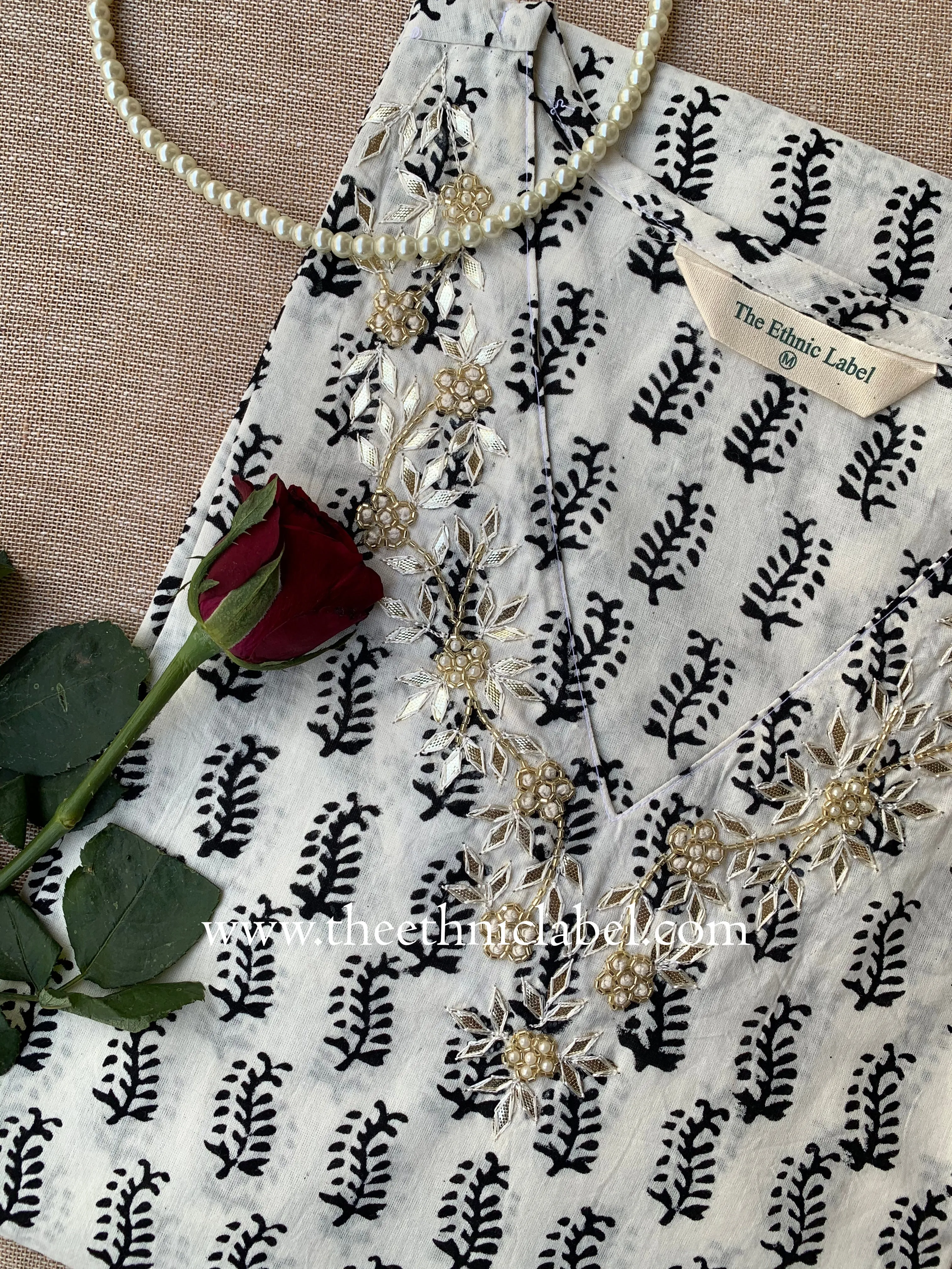"Tarifa" Hand Embroidered Block Printed Cotton kurta