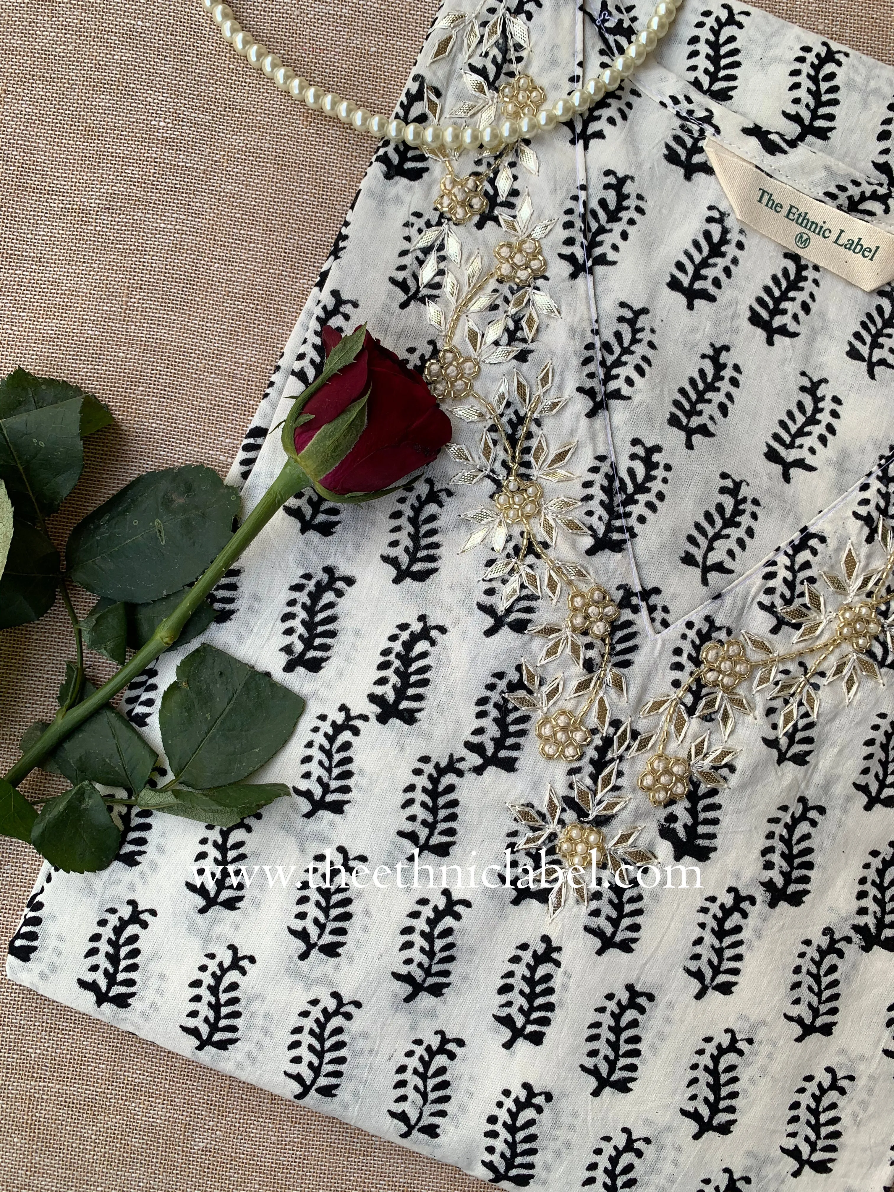 "Tarifa" Hand Embroidered Block Printed Cotton kurta