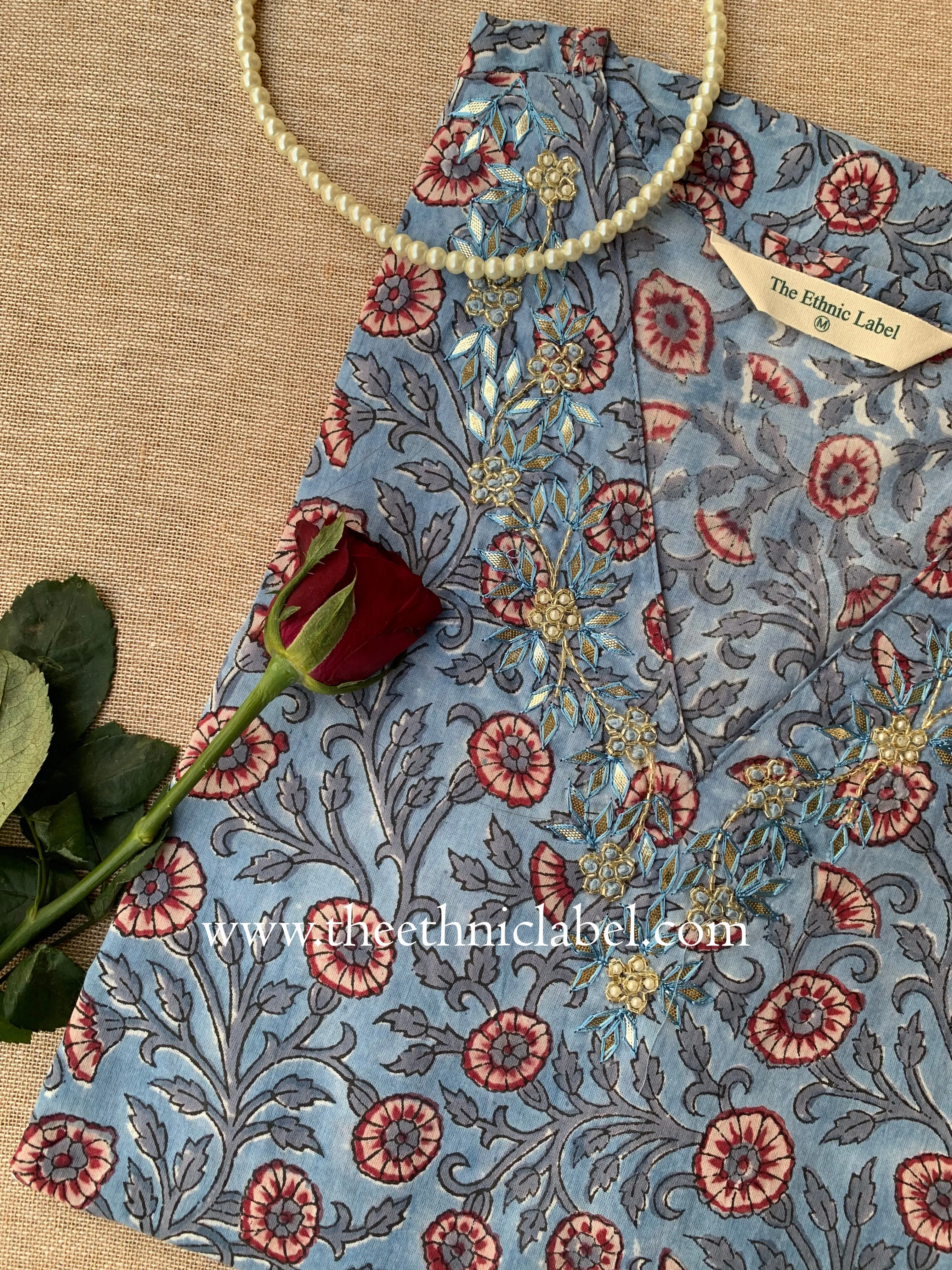 "Vaibhavi" Hand Embroidered Block Printed Cotton kurta