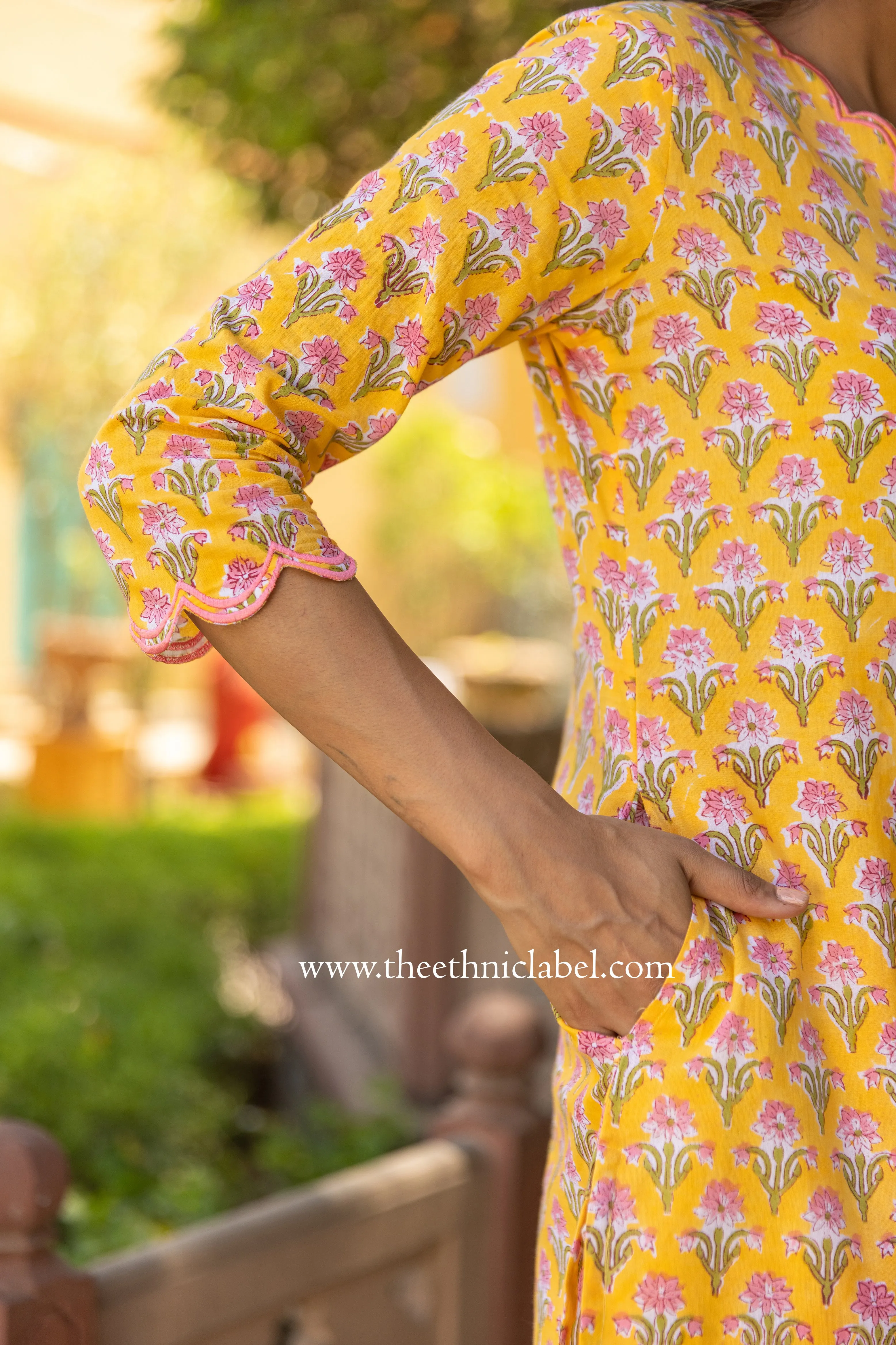 "Vihana" Hand Block Printed Scalloped Cotton kurta Set (3pc)