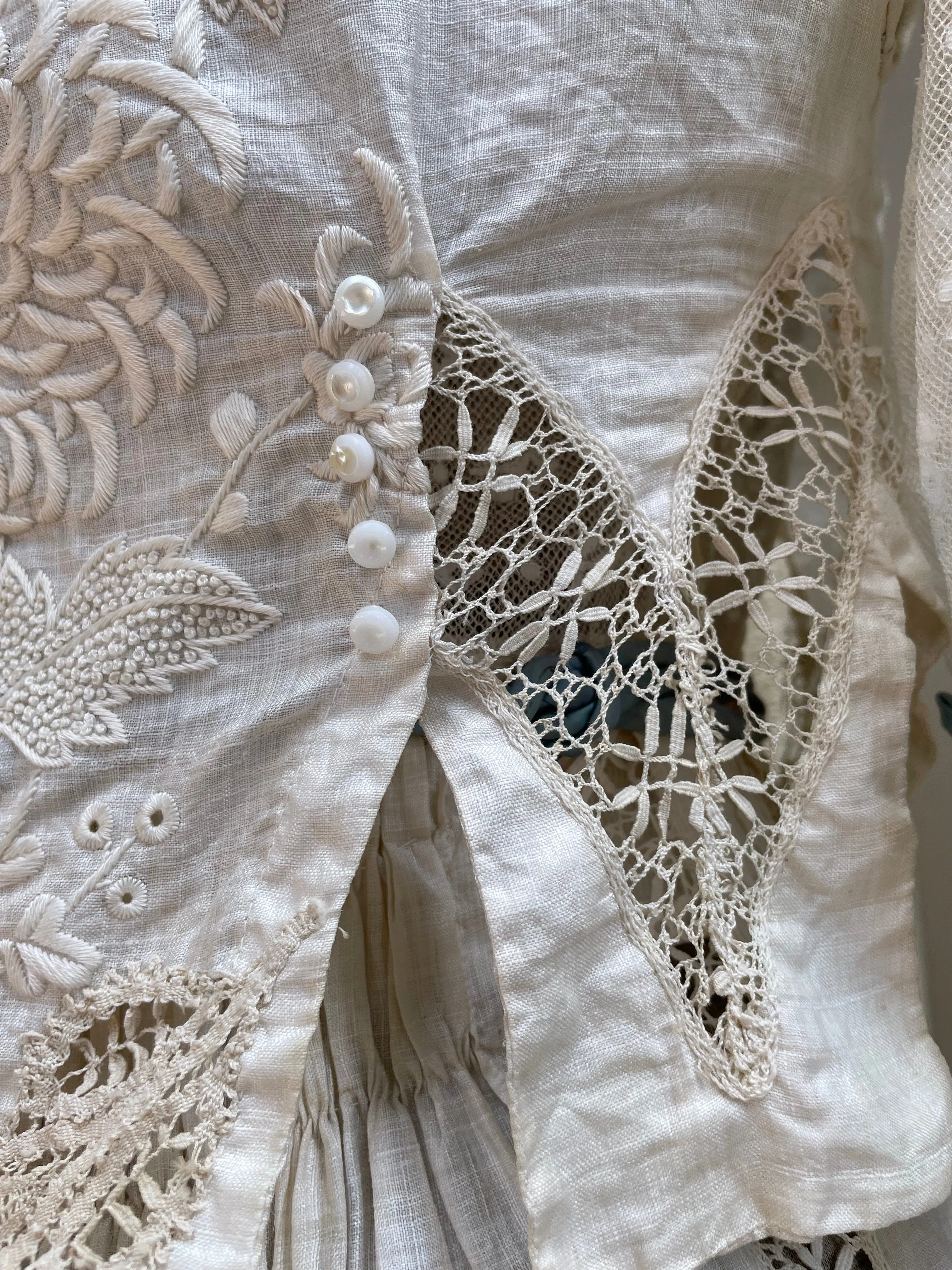 Rare Edwardian Densely Embroidered Silk/Linen Wedding Gown