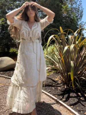 Rare Edwardian Densely Embroidered Silk/Linen Wedding Gown