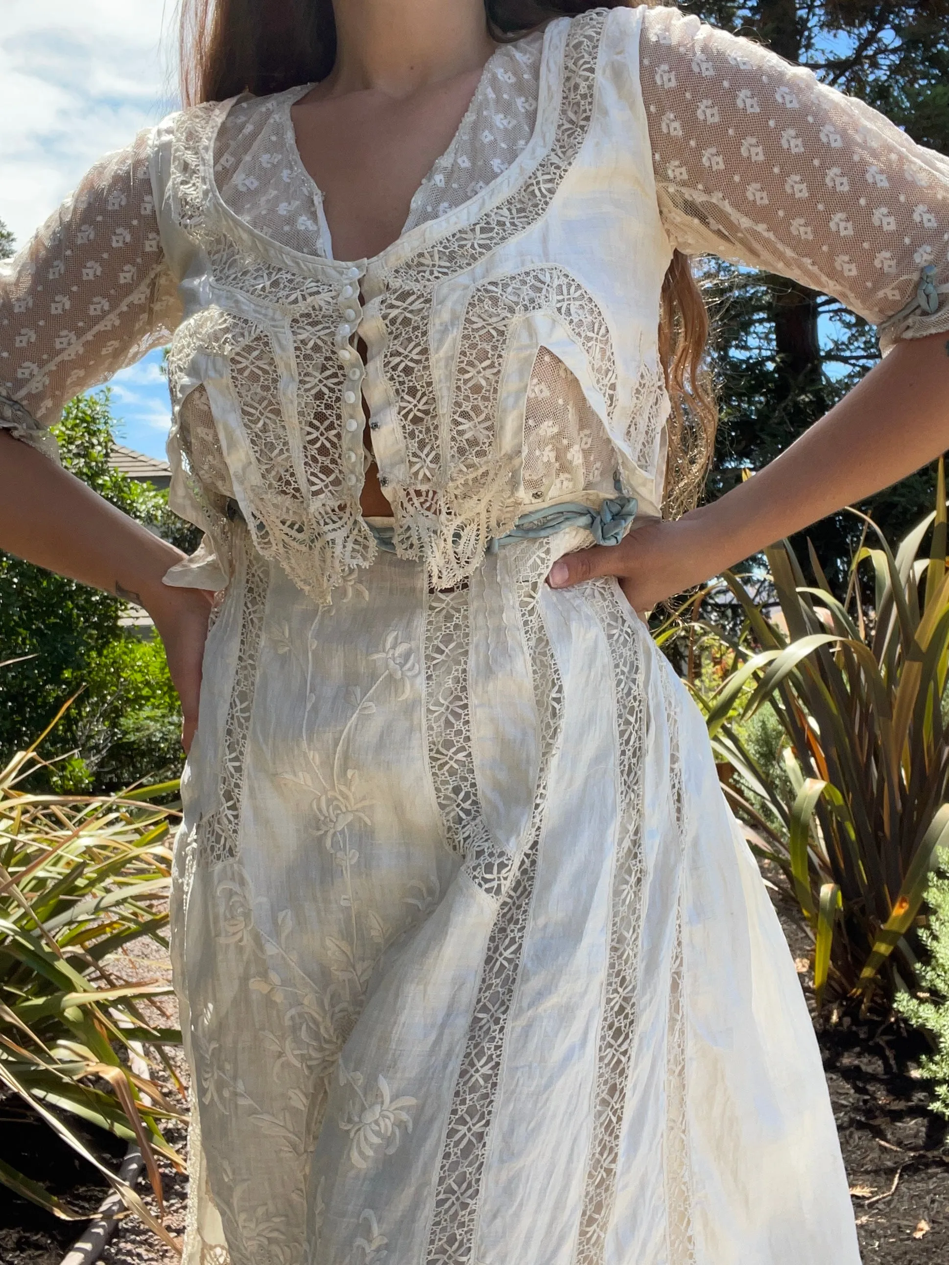 Rare Edwardian Densely Embroidered Silk/Linen Wedding Gown
