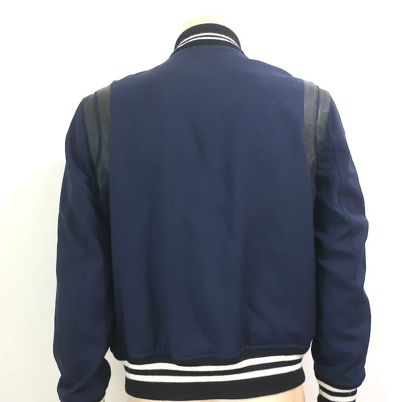 Saint Laurent Bomber Jacket Navy/Black Leather-Trimmed Wool Size 52