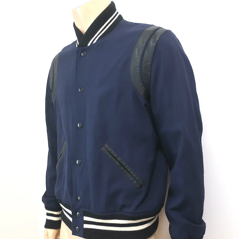 Saint Laurent Bomber Jacket Navy/Black Leather-Trimmed Wool Size 52