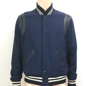 Saint Laurent Bomber Jacket Navy/Black Leather-Trimmed Wool Size 52