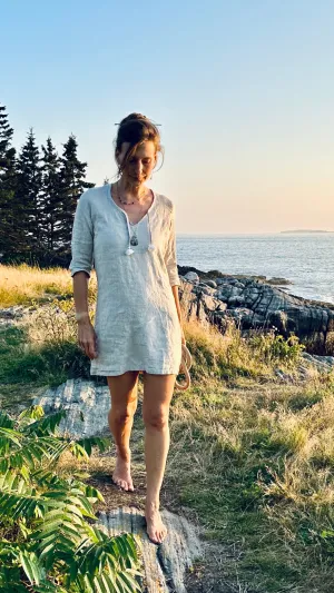 sand  linen shift dress with tassel ties