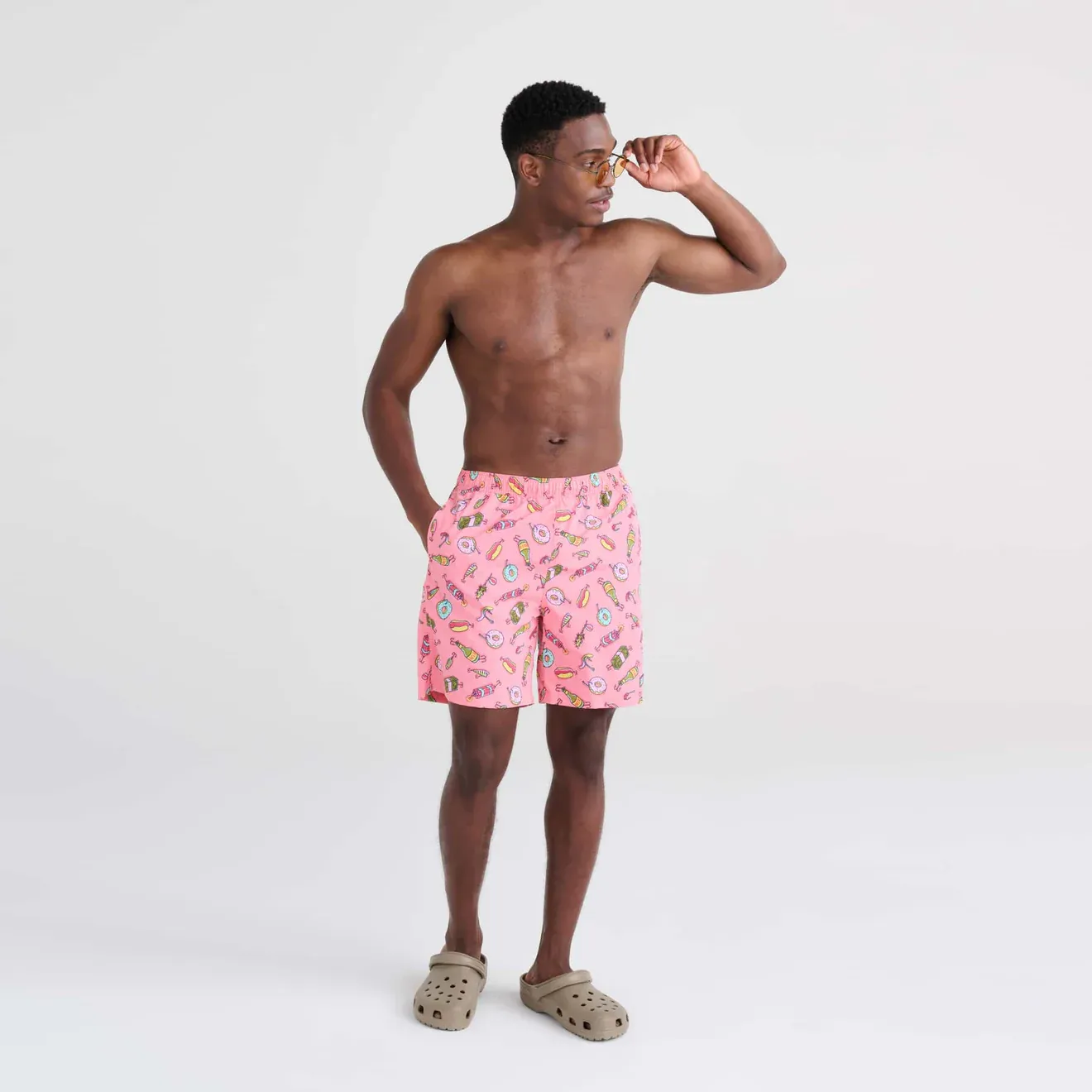 Saxx Mens Go Coastal Classic Volley 7" Swim Short - I'll Try anything - Flamingo