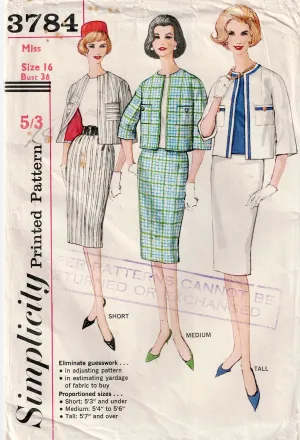 Simplicity 3784 Womens Proportioned Suit with Pencil Skirt 1960s Vintage Sewing Pattern Size 16 Bust 36 inches
