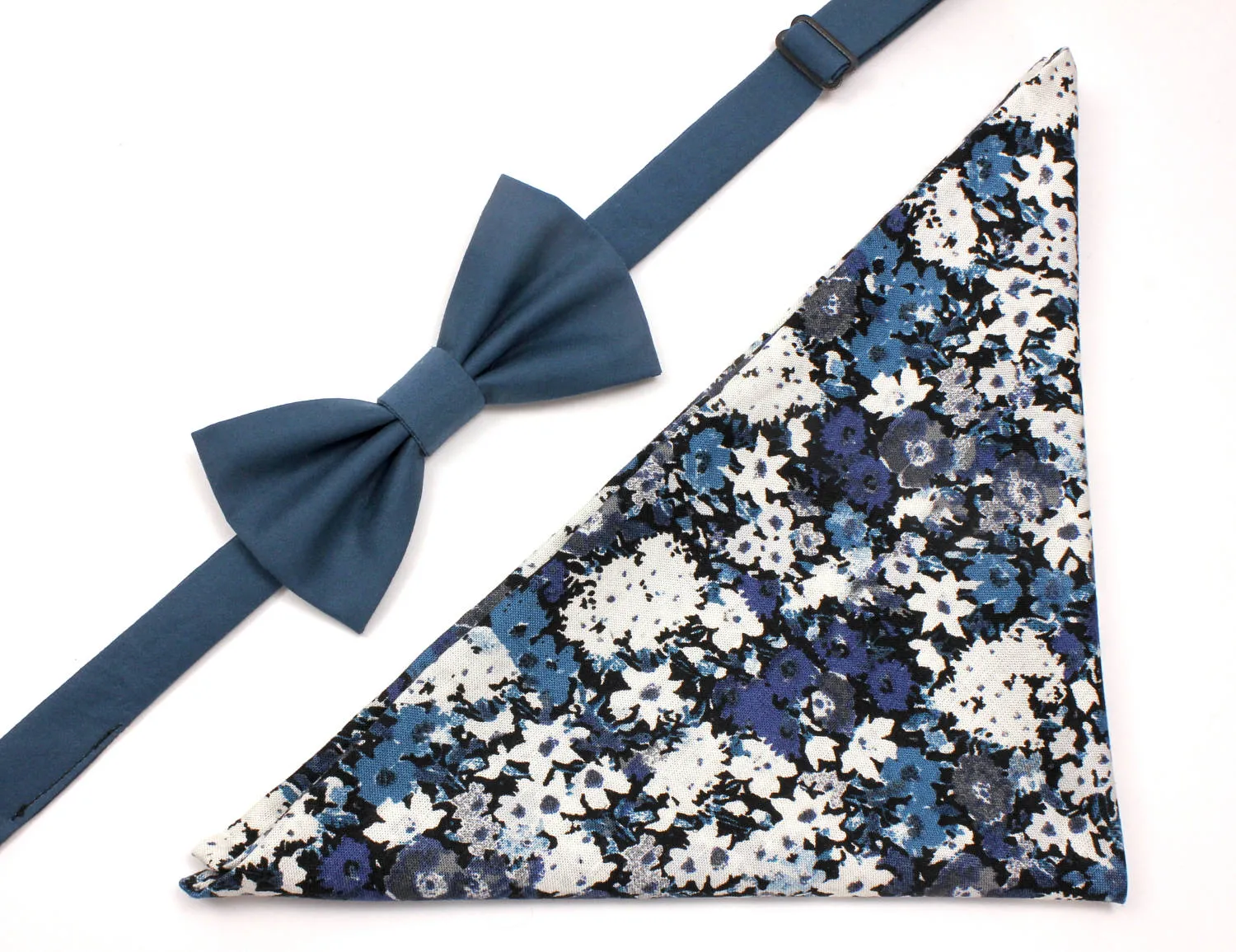 Teal Bow Tie and Blue & Grey Floral Pocket Square Gift Set