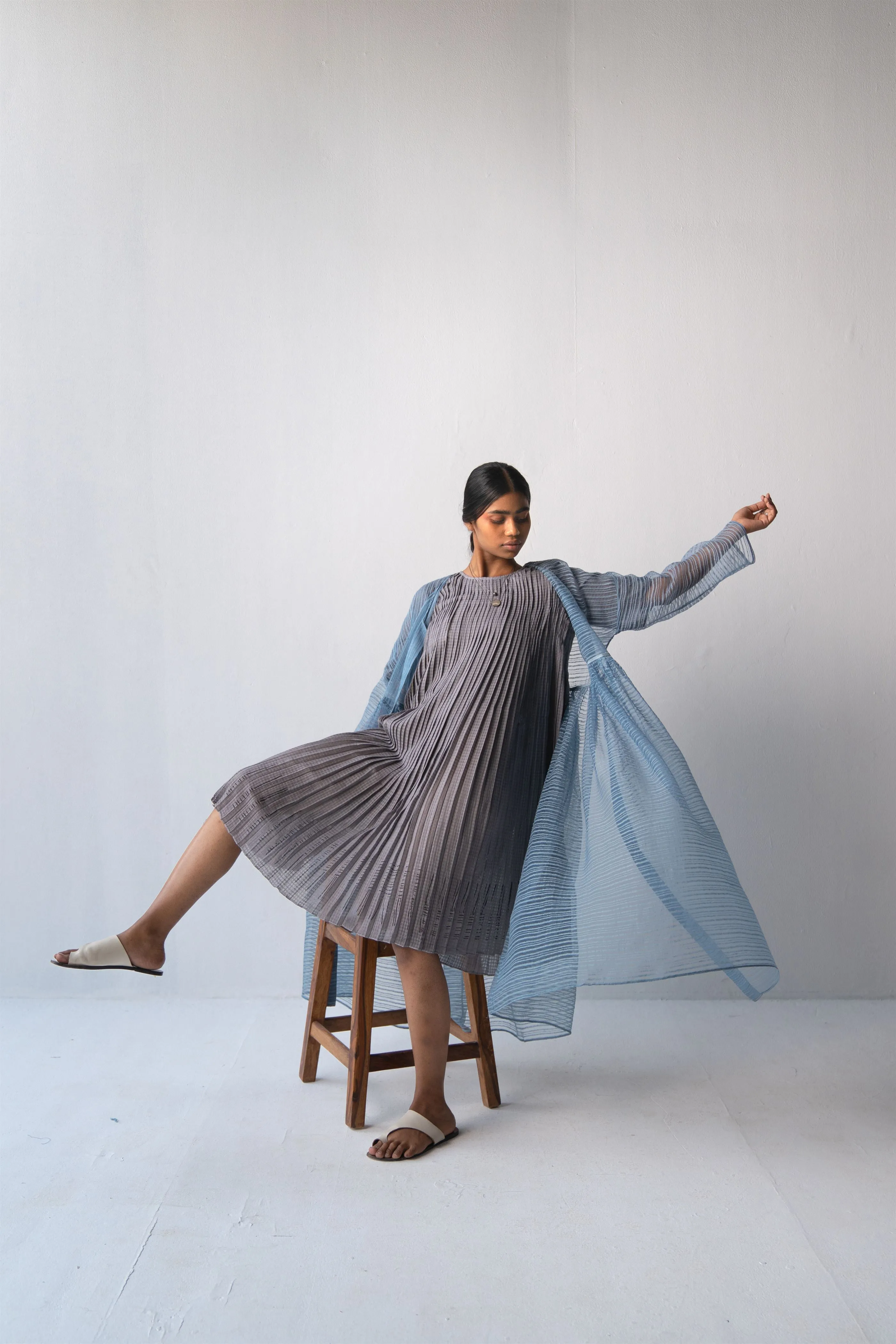 Urvashi Kaur   -   Pearl Grey Echo Dress Hand Block Printed Checkered With Kantha Details