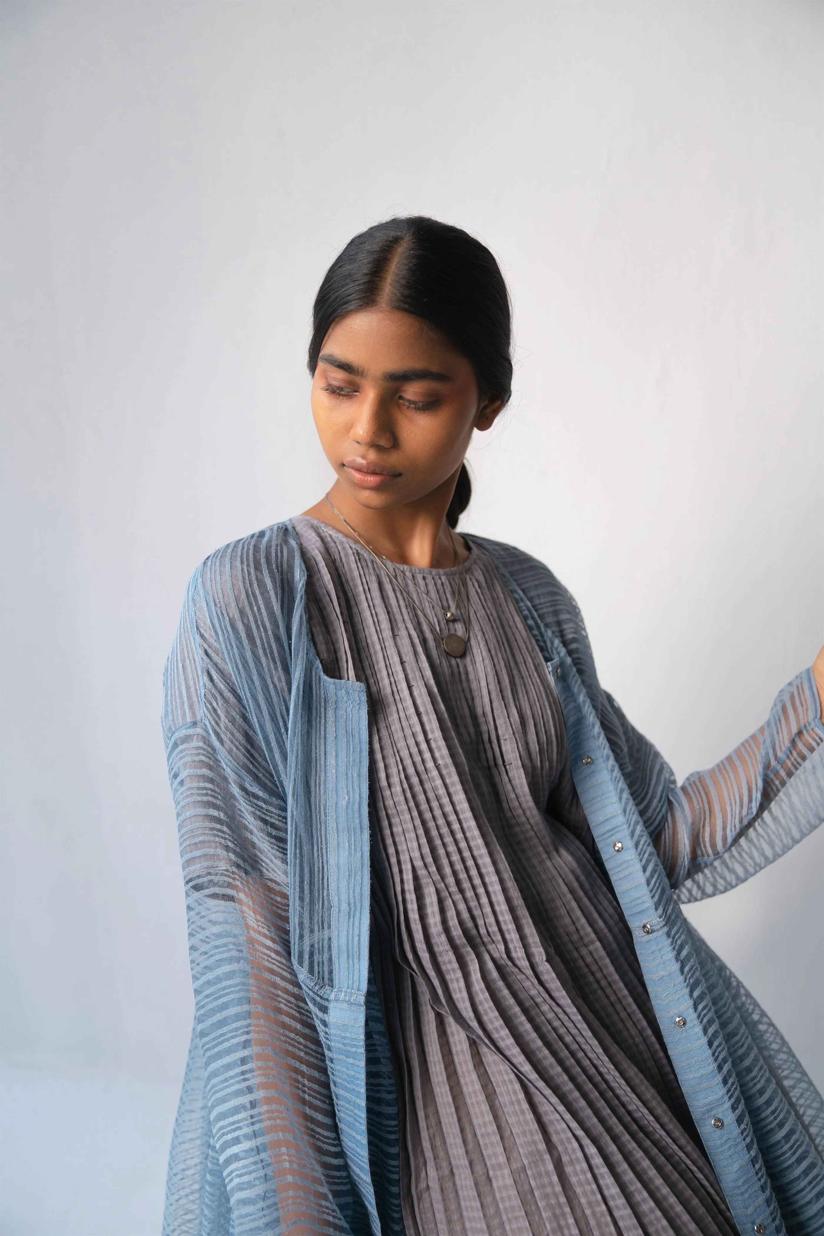 Urvashi Kaur   -   Pearl Grey Echo Dress Hand Block Printed Checkered With Kantha Details