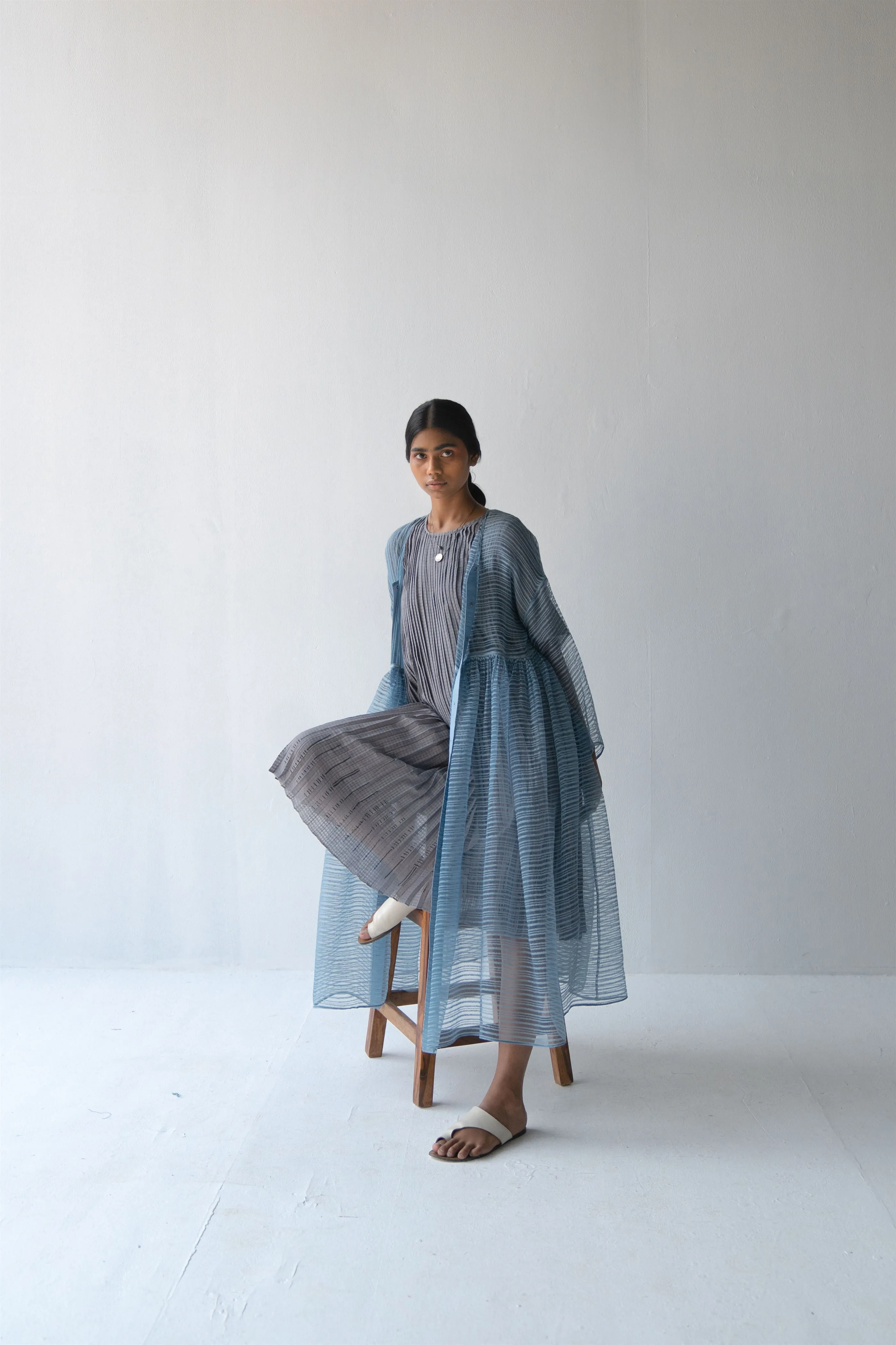 Urvashi Kaur   -   Pearl Grey Echo Dress Hand Block Printed Checkered With Kantha Details