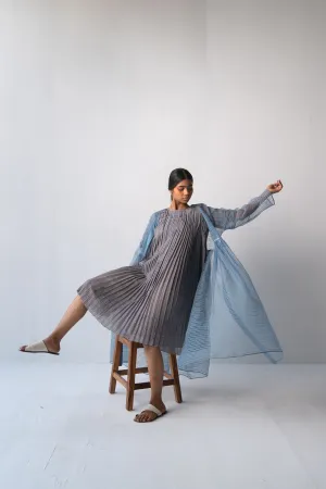 Urvashi Kaur   -   Pearl Grey Echo Dress Hand Block Printed Checkered With Kantha Details