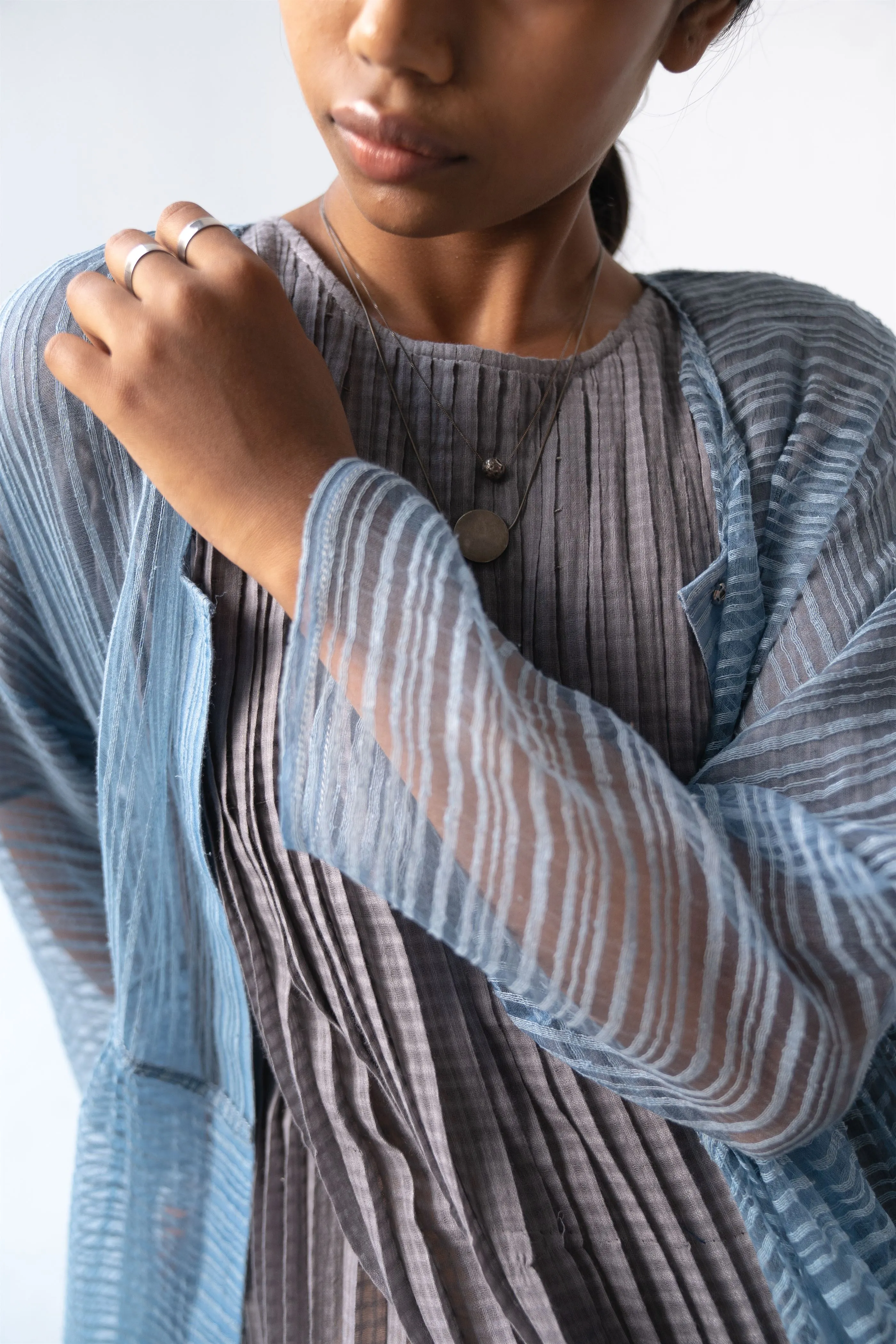 Urvashi Kaur   -   Pearl Grey Echo Dress Hand Block Printed Checkered With Kantha Details